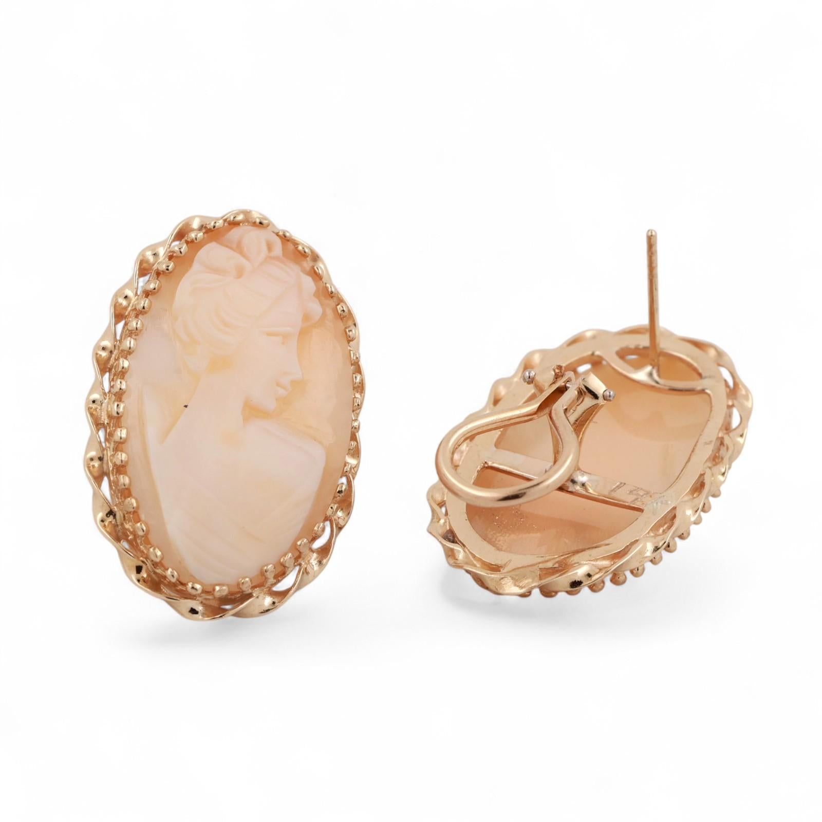Vintage Cameo Omega Back Drop Earrings 14K Yellow Gold Bezel Set 1.22" Ladies