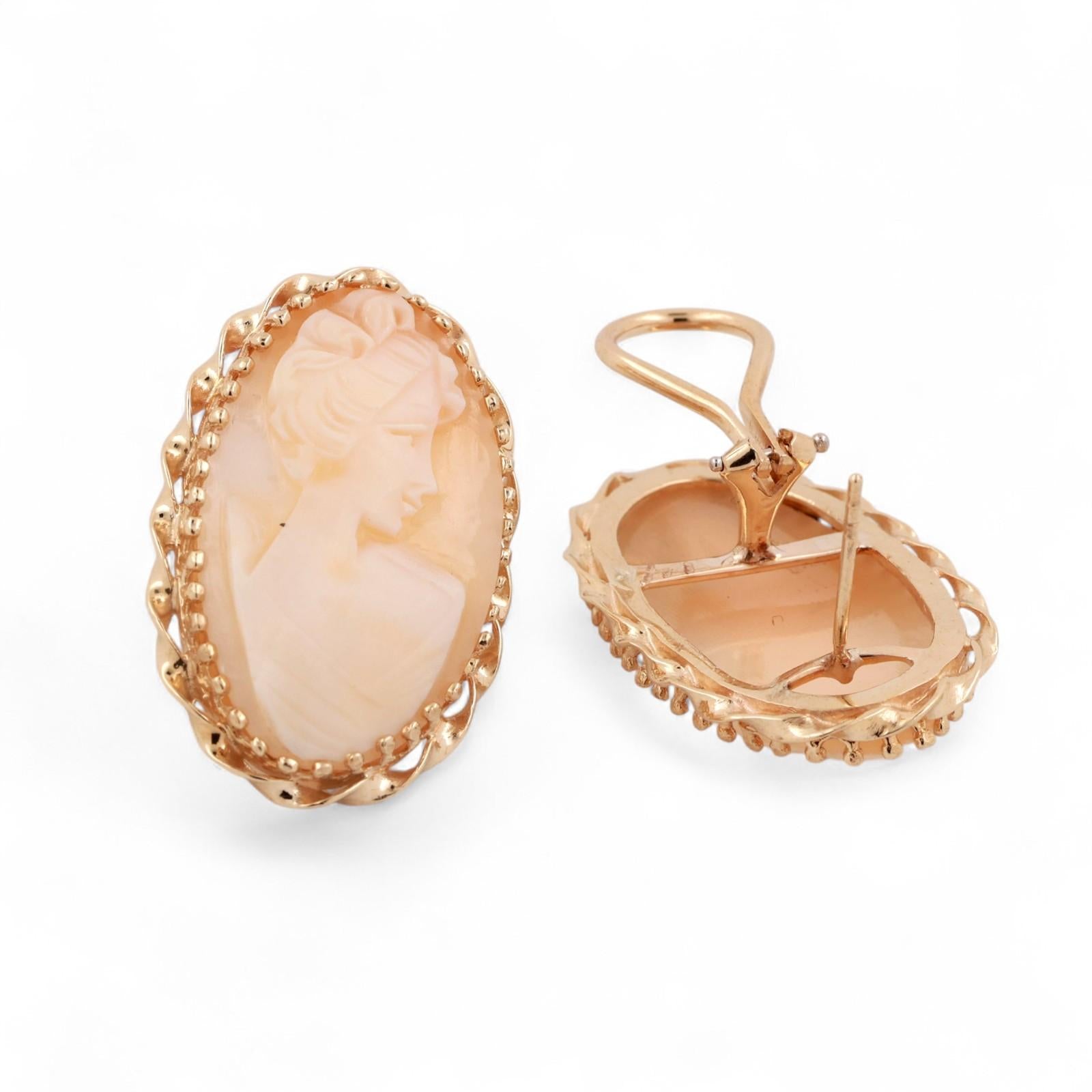 Vintage Cameo Omega Back Drop Earrings 14K Yellow Gold Bezel Set 1.22" Ladies
