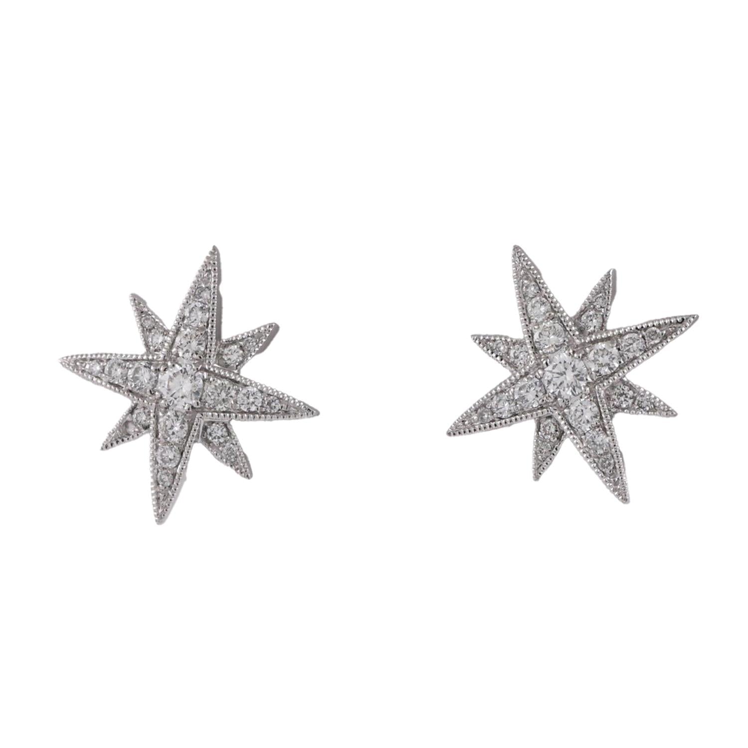 Diamond Starburst Stud Earrings 18K White Gold 0.45 TW 0.50" Estate