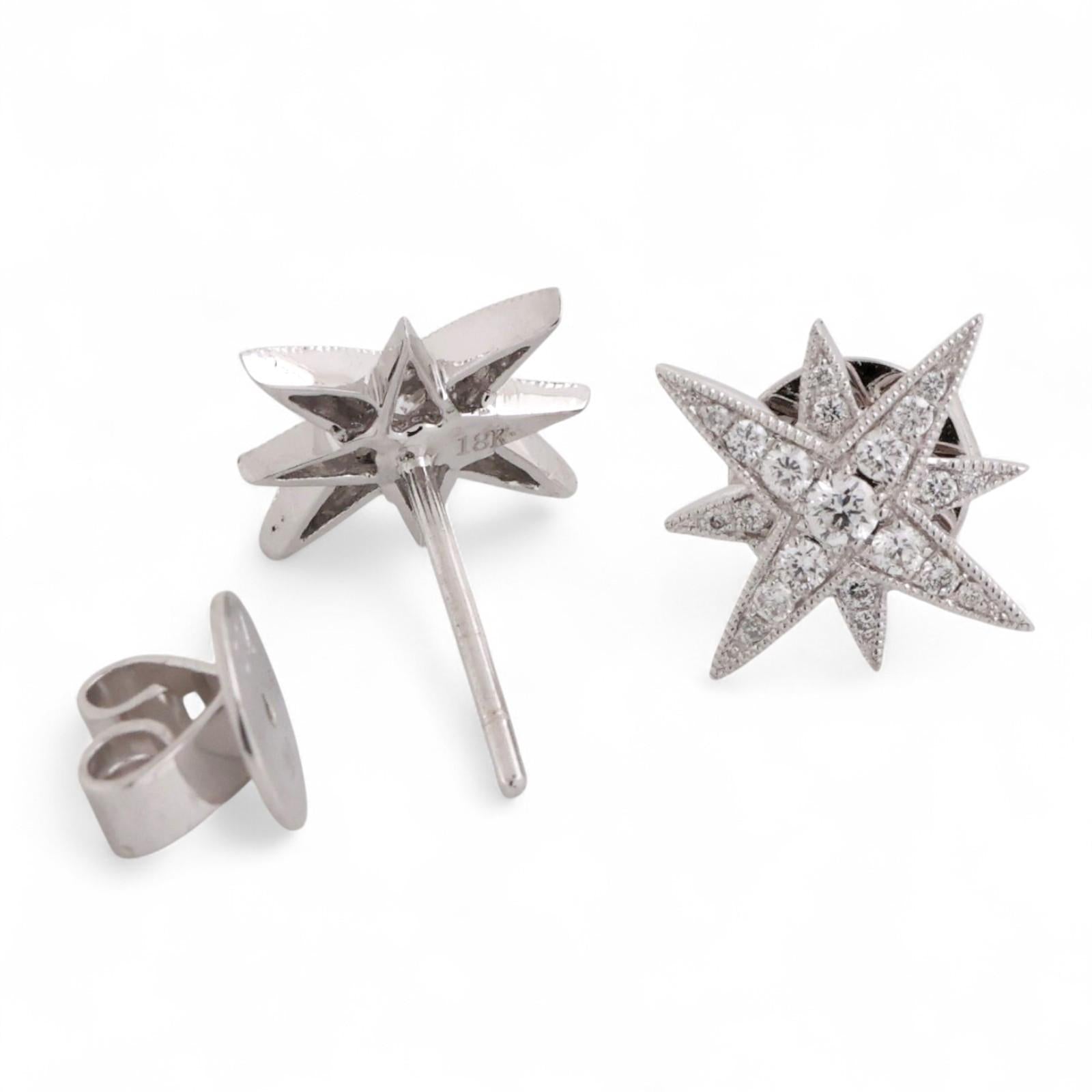 Diamond Starburst Stud Earrings 18K White Gold 0.45 TW 0.50" Estate