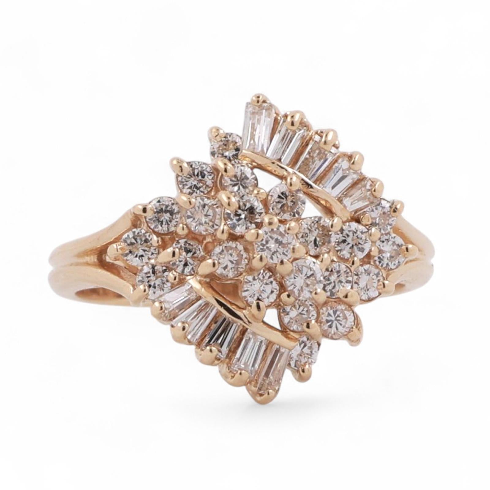 0.99 TW Round Baguette Cluster Diamond Statement Ring 14K Yellow Gold Size 6.75
