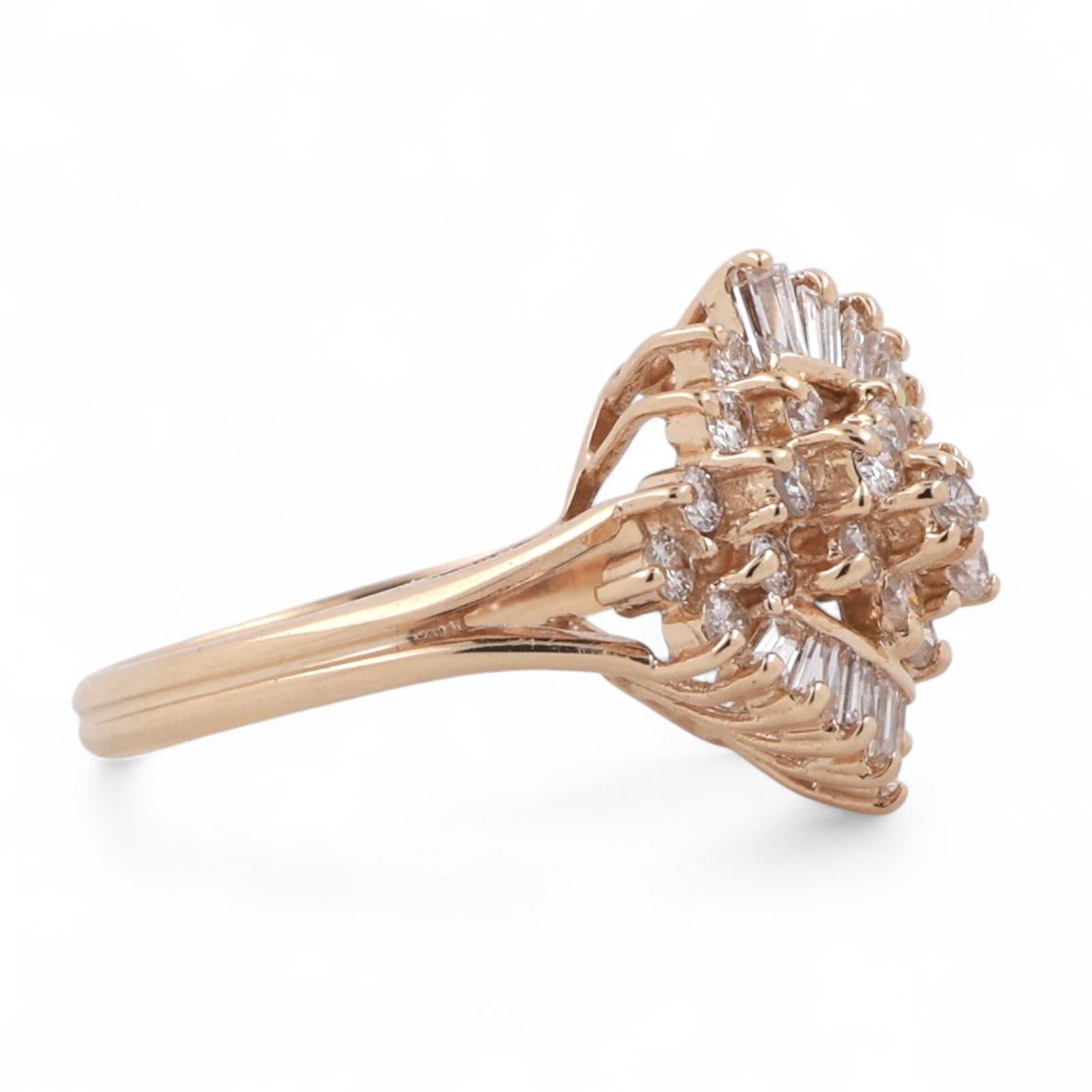 0.99 TW Round Baguette Cluster Diamond Statement Ring 14K Yellow Gold Size 6.75