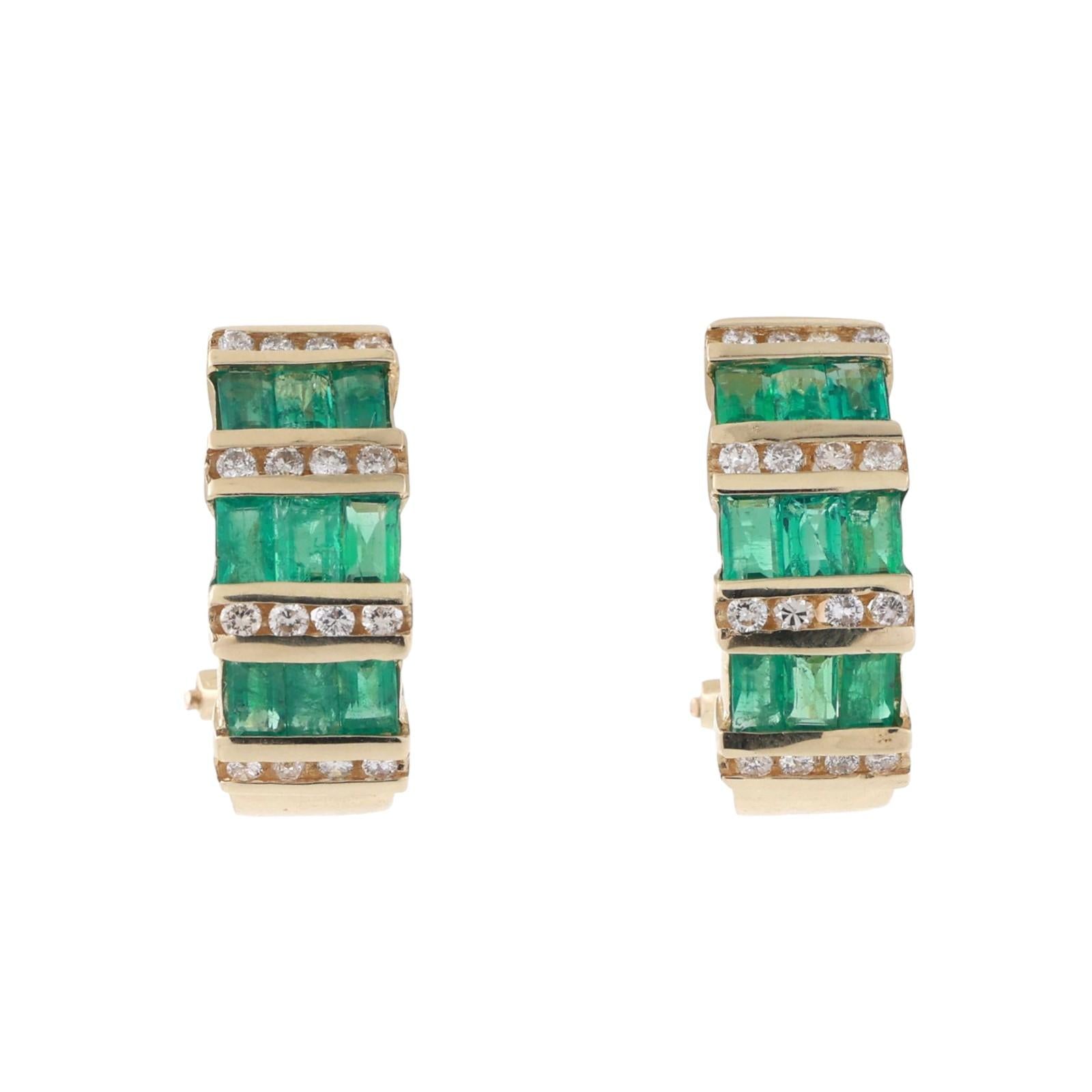 Emerald Diamond J Hoop Earrings 14K Yellow Gold 1.32 CTW Omega Backs 0.50"
