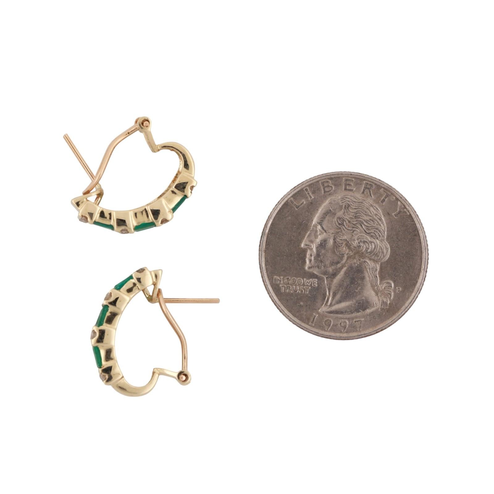 Emerald Diamond J Hoop Earrings 14K Yellow Gold 1.32 CTW Omega Backs 0.50"