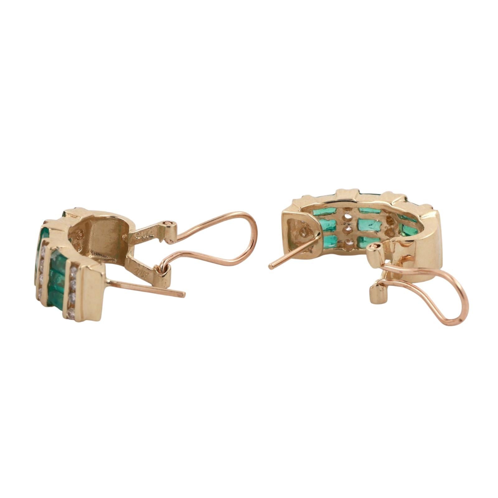 Emerald Diamond J Hoop Earrings 14K Yellow Gold 1.32 CTW Omega Backs 0.50"