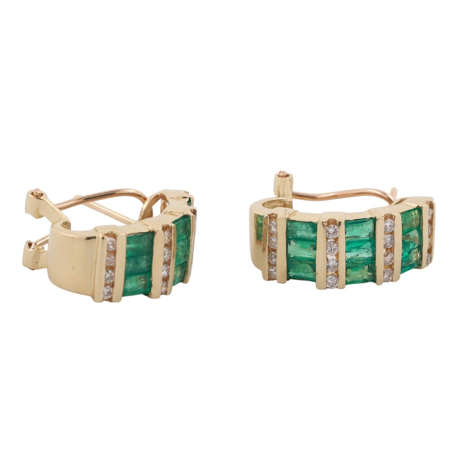 Emerald Diamond J Hoop Earrings 14K Yellow Gold 1.32 CTW Omega Backs 0.50"
