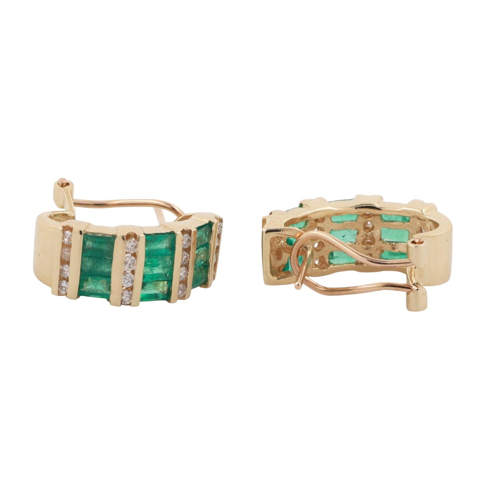 Emerald Diamond J Hoop Earrings 14K Yellow Gold 1.32 CTW Omega Backs 0.50"