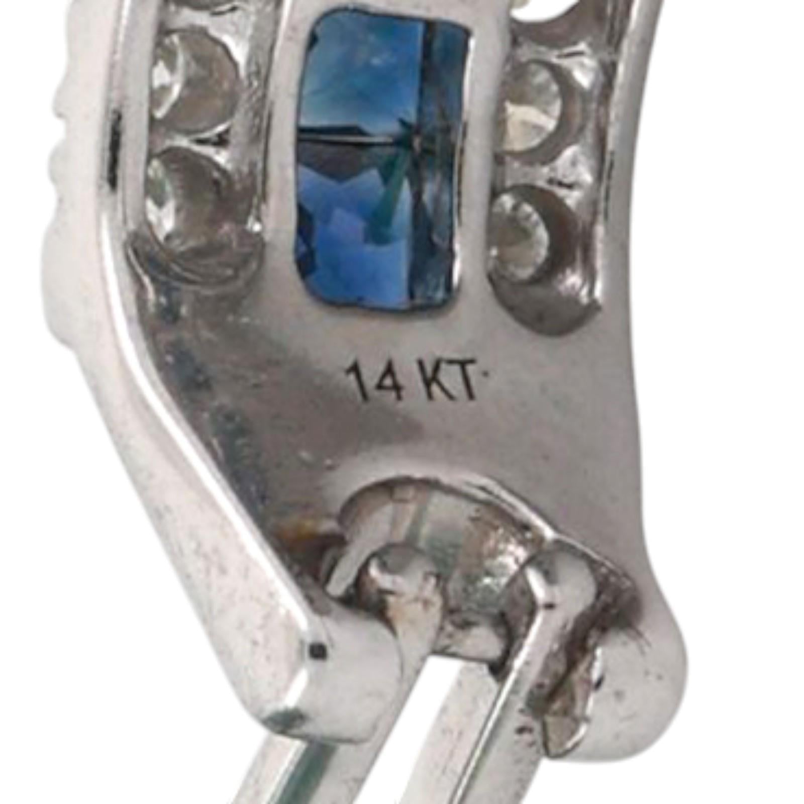 Sapphire Diamond J Hoop Earrings 14K White Gold 1.96 CTW Omega Backs 0.55"