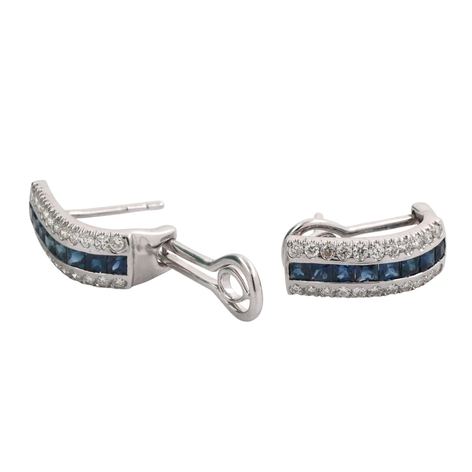 Sapphire Diamond J Hoop Earrings 14K White Gold 1.96 CTW Omega Backs 0.55"