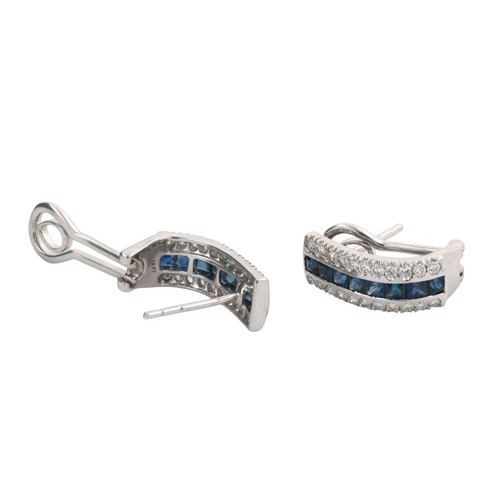 Sapphire Diamond J Hoop Earrings 14K White Gold 1.96 CTW Omega Backs 0.55"