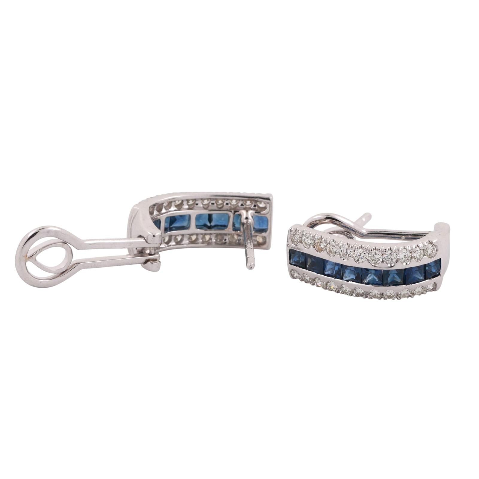 Sapphire Diamond J Hoop Earrings 14K White Gold 1.96 CTW Omega Backs 0.55"
