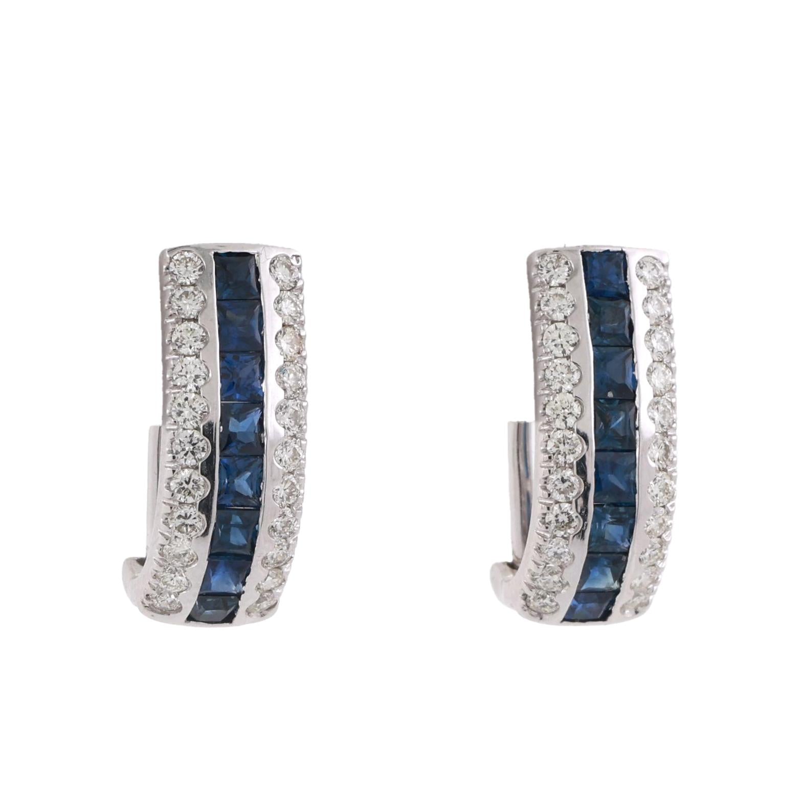 Sapphire Diamond J Hoop Earrings 14K White Gold 1.96 CTW Omega Backs 0.55"