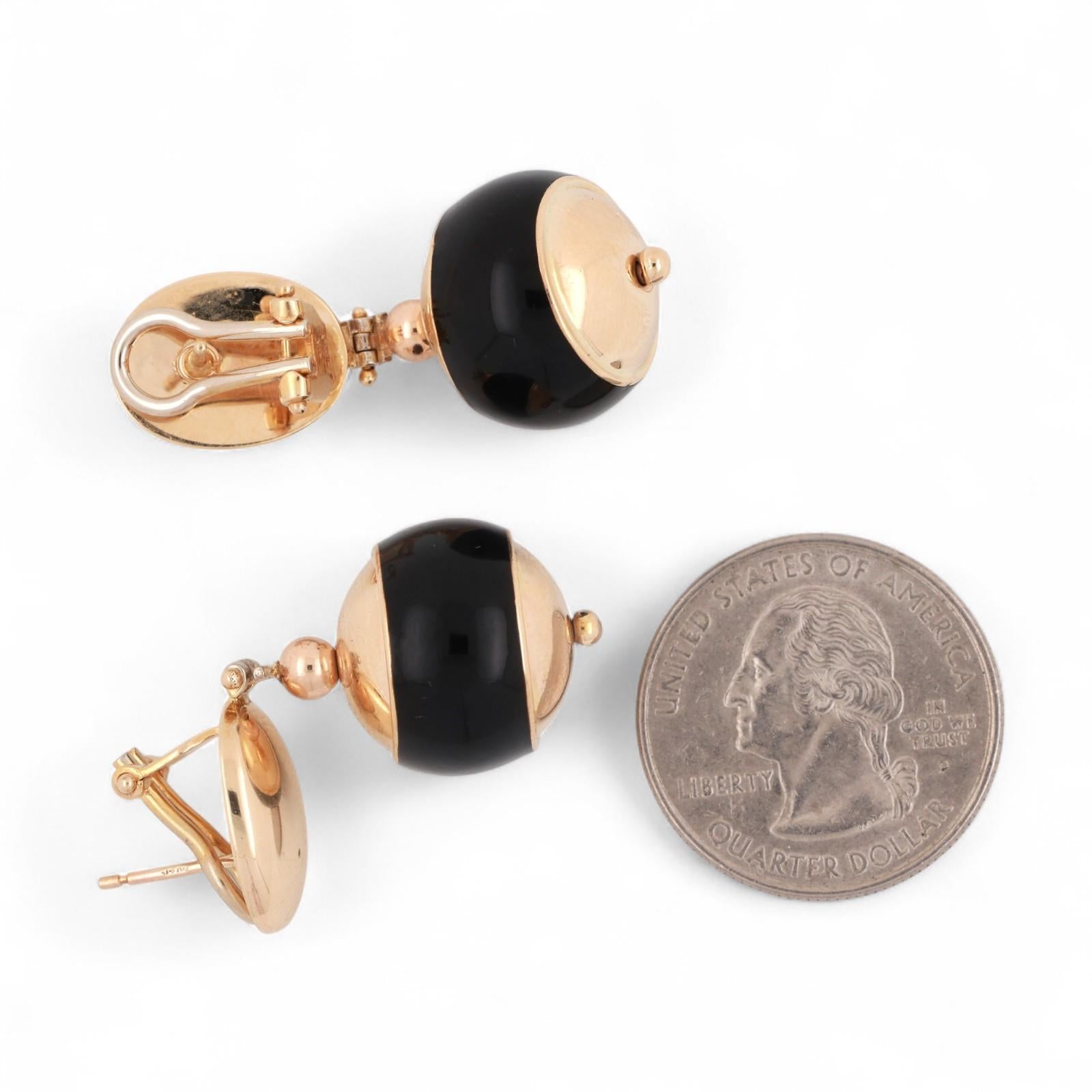 Round Black Onyx Drop Dangle Earrings 14K Yellow Gold Omega Backs 1.35" Estate