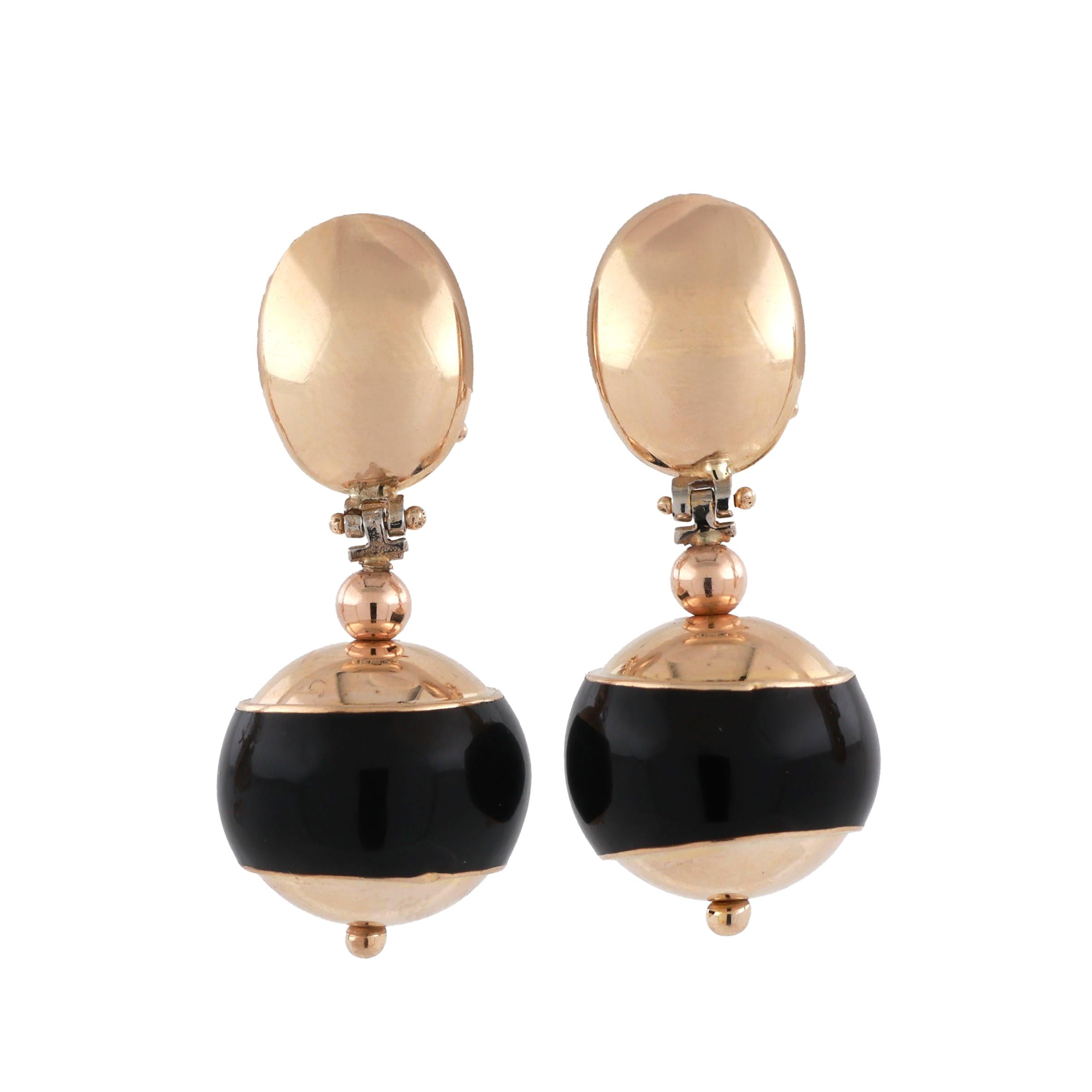 Round Black Onyx Drop Dangle Earrings 14K Yellow Gold Omega Backs 1.35" Estate
