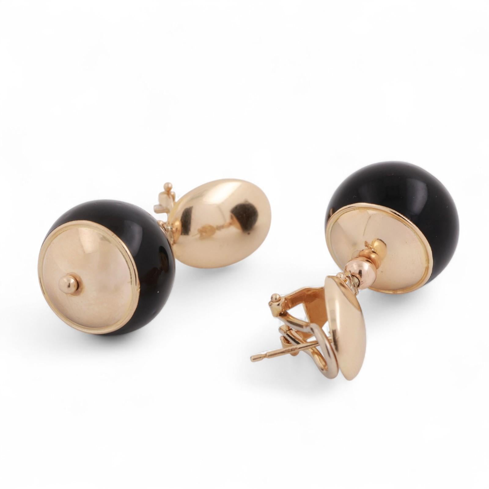 Round Black Onyx Drop Dangle Earrings 14K Yellow Gold Omega Backs 1.35" Estate