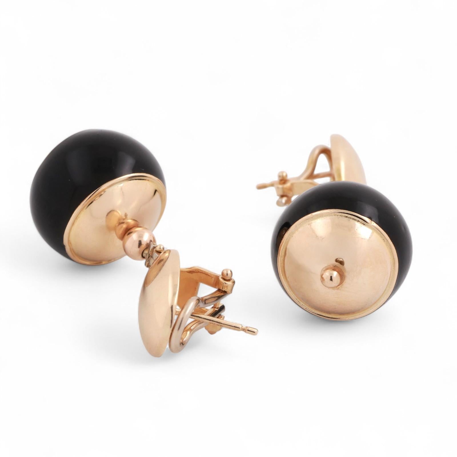 Round Black Onyx Drop Dangle Earrings 14K Yellow Gold Omega Backs 1.35" Estate