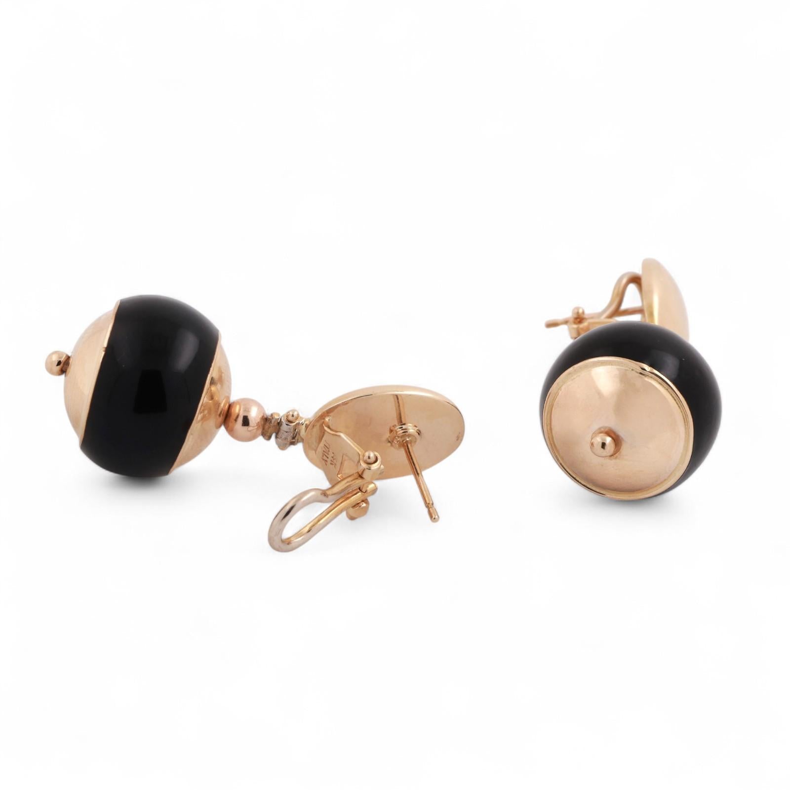 Round Black Onyx Drop Dangle Earrings 14K Yellow Gold Omega Backs 1.35" Estate