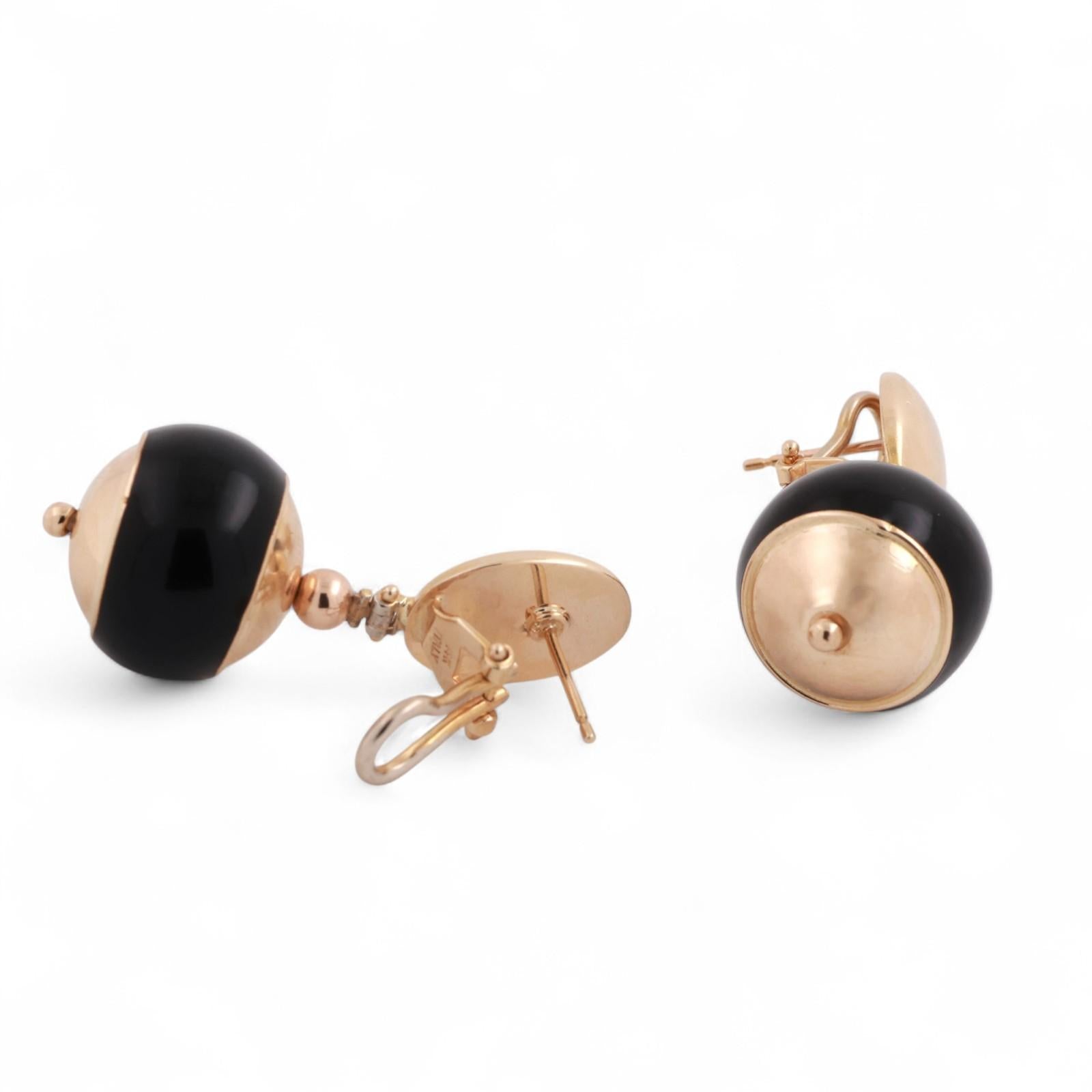 Round Black Onyx Drop Dangle Earrings 14K Yellow Gold Omega Backs 1.35" Estate