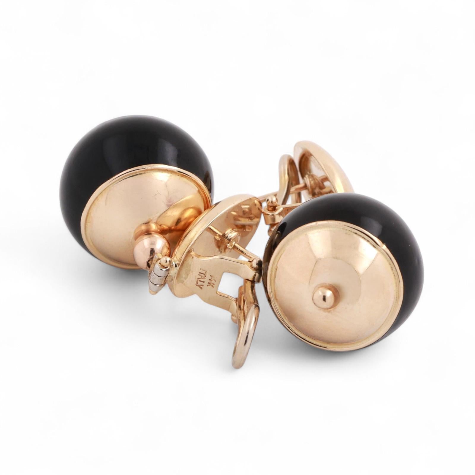 Round Black Onyx Drop Dangle Earrings 14K Yellow Gold Omega Backs 1.35" Estate