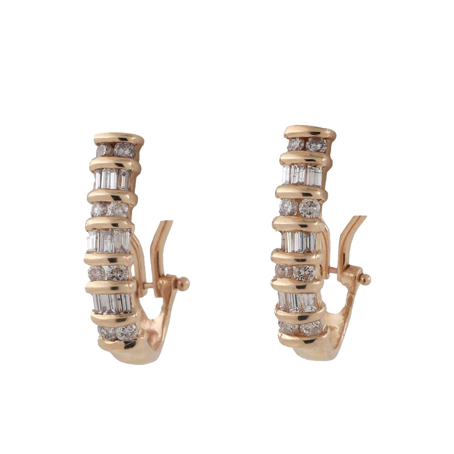 1.00 TW Diamond J Hoop Earrings 14K Yellow Gold Round Baguette 0.70" Omega Backs