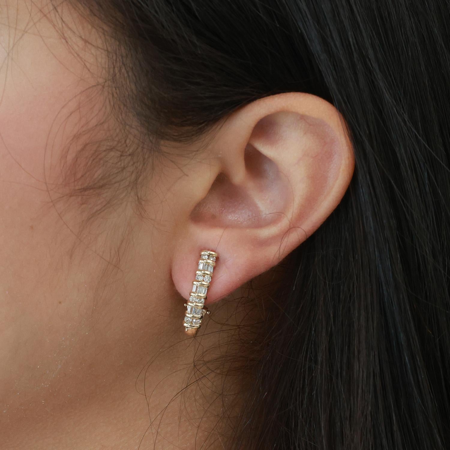1.00 TW Diamond J Hoop Earrings 14K Yellow Gold Round Baguette 0.70" Omega Backs