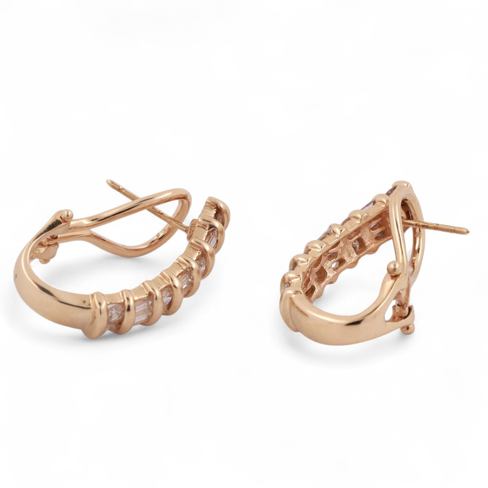 1.00 TW Diamond J Hoop Earrings 14K Yellow Gold Round Baguette 0.70" Omega Backs