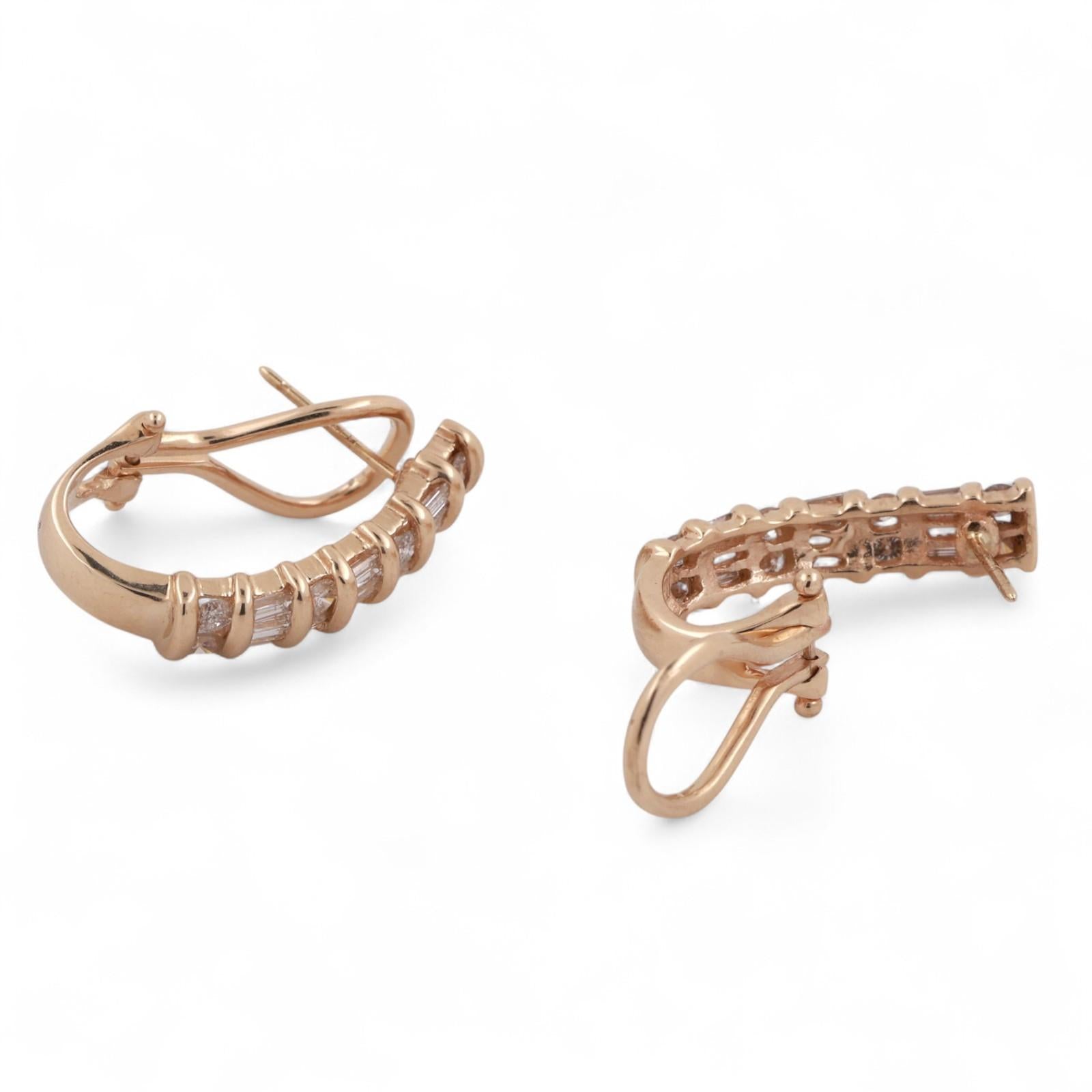 1.00 TW Diamond J Hoop Earrings 14K Yellow Gold Round Baguette 0.70" Omega Backs