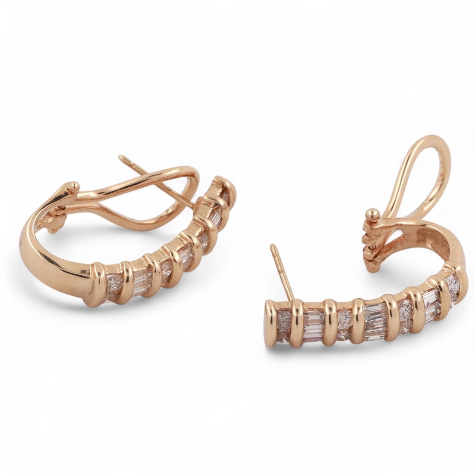 1.00 TW Diamond J Hoop Earrings 14K Yellow Gold Round Baguette 0.70" Omega Backs