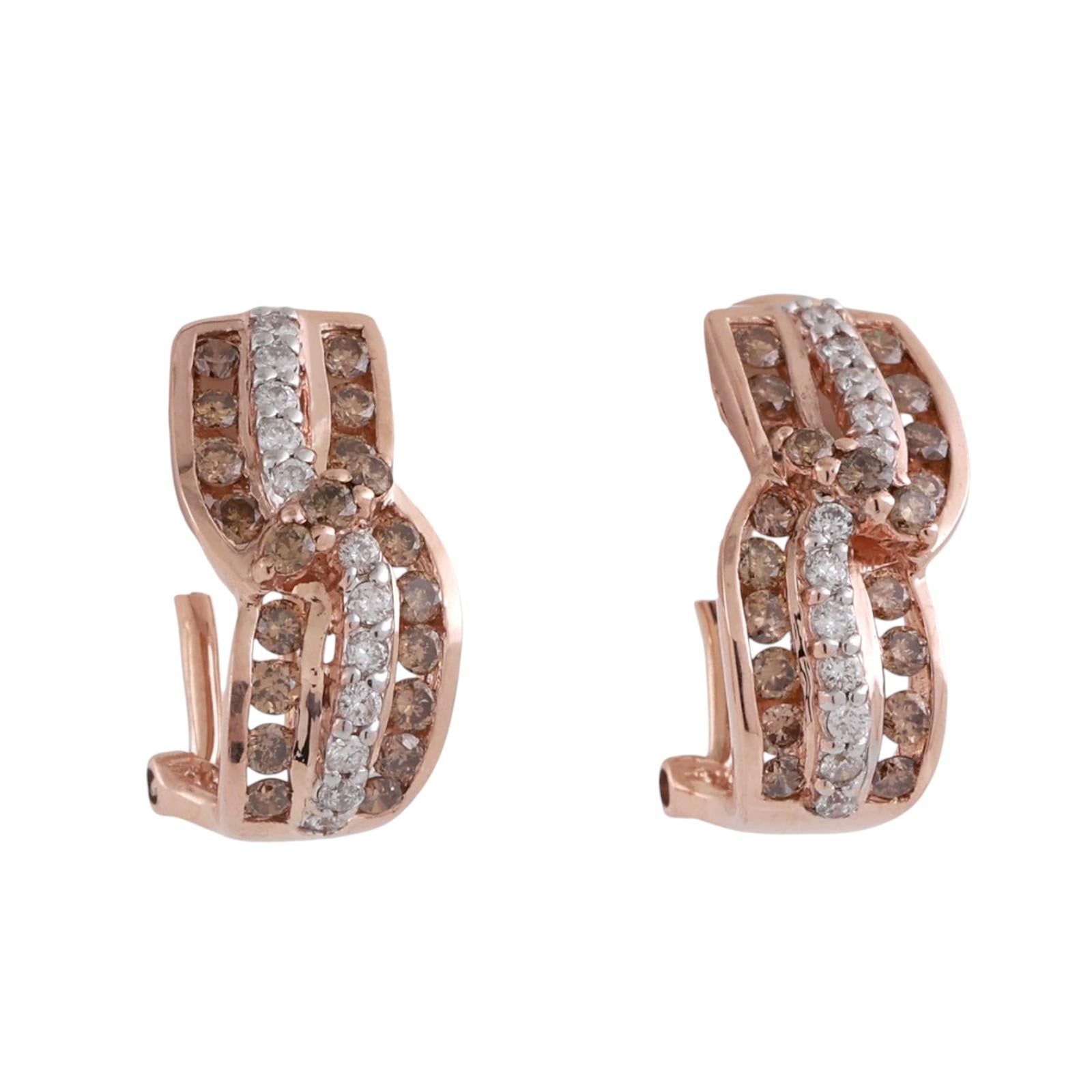 14K Rose Gold Diamond Swirl J Hoop Earrings 1.50 TW 0.50" Ladies Estate