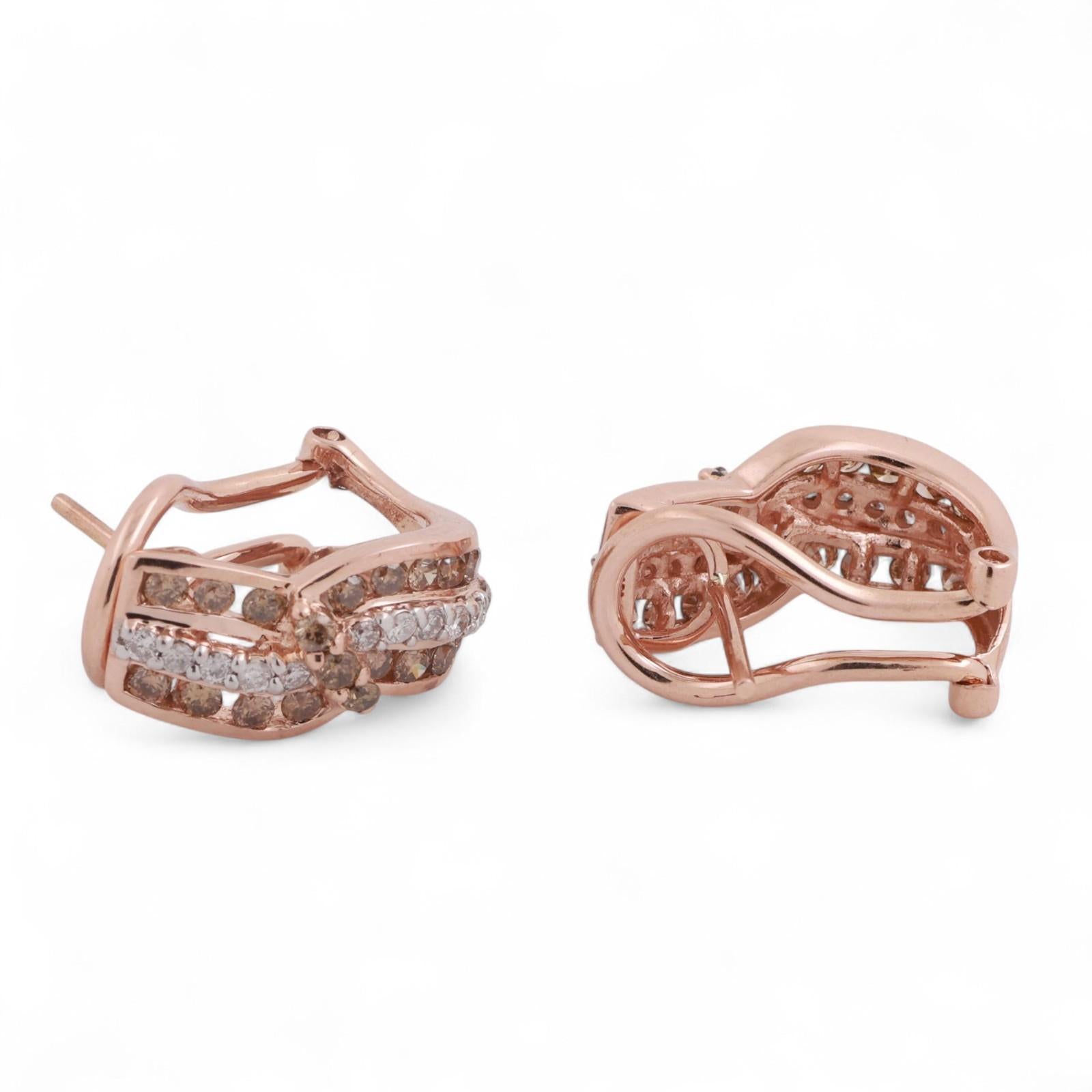 14K Rose Gold Diamond Swirl J Hoop Earrings 1.50 TW 0.50" Ladies Estate
