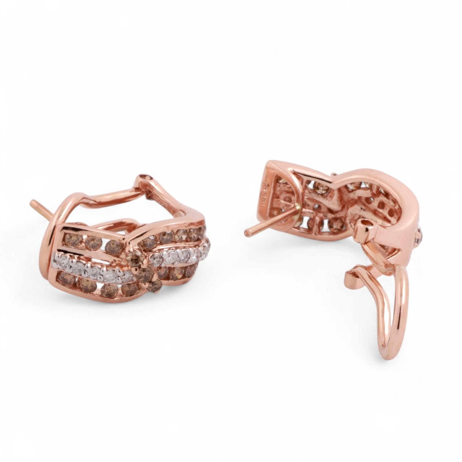 14K Rose Gold Diamond Swirl J Hoop Earrings 1.50 TW 0.50" Ladies Estate