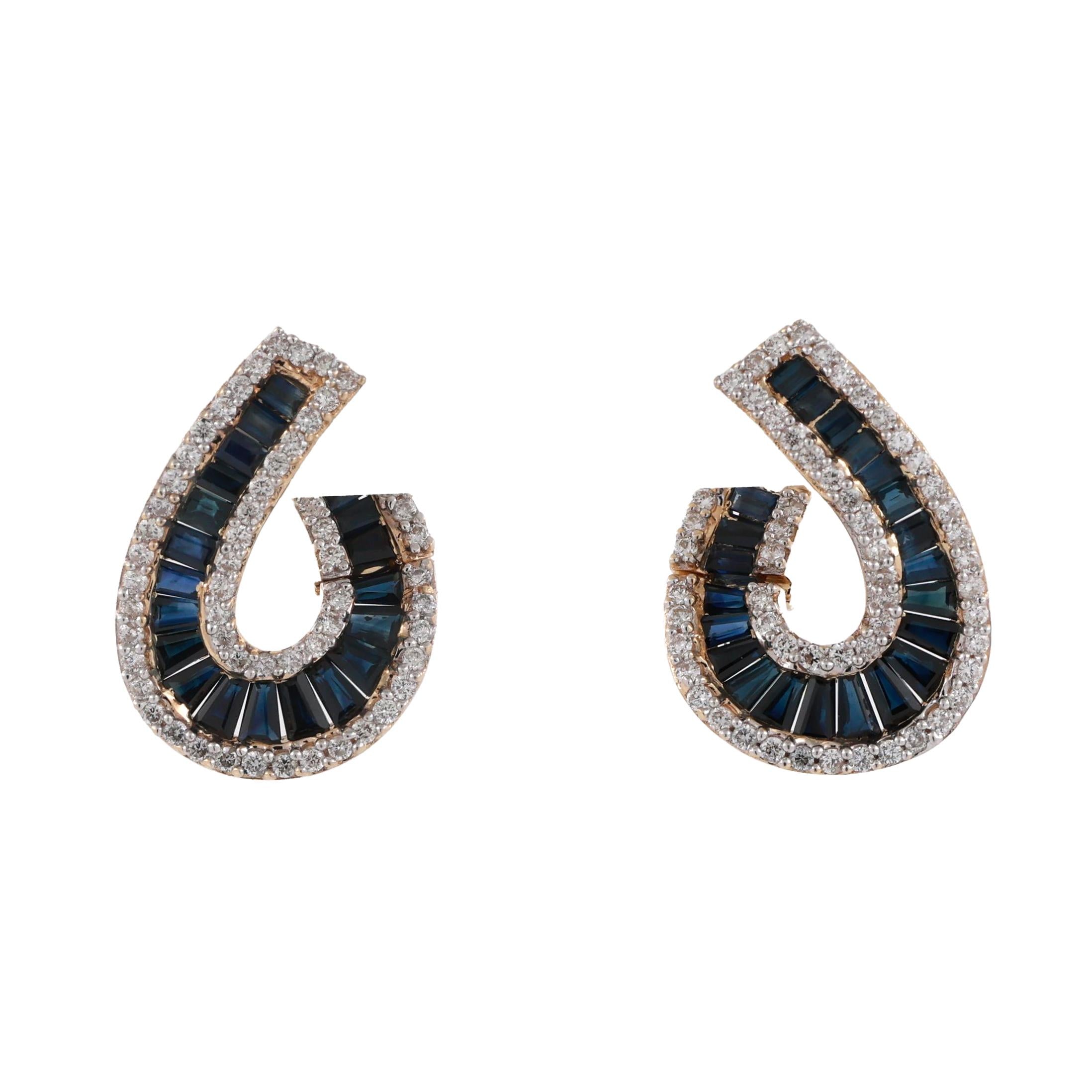 Blue Sapphire Diamond Swirl Drop Earrings  14K Yellow Gold 2.82 CTW 0.70" Ladies