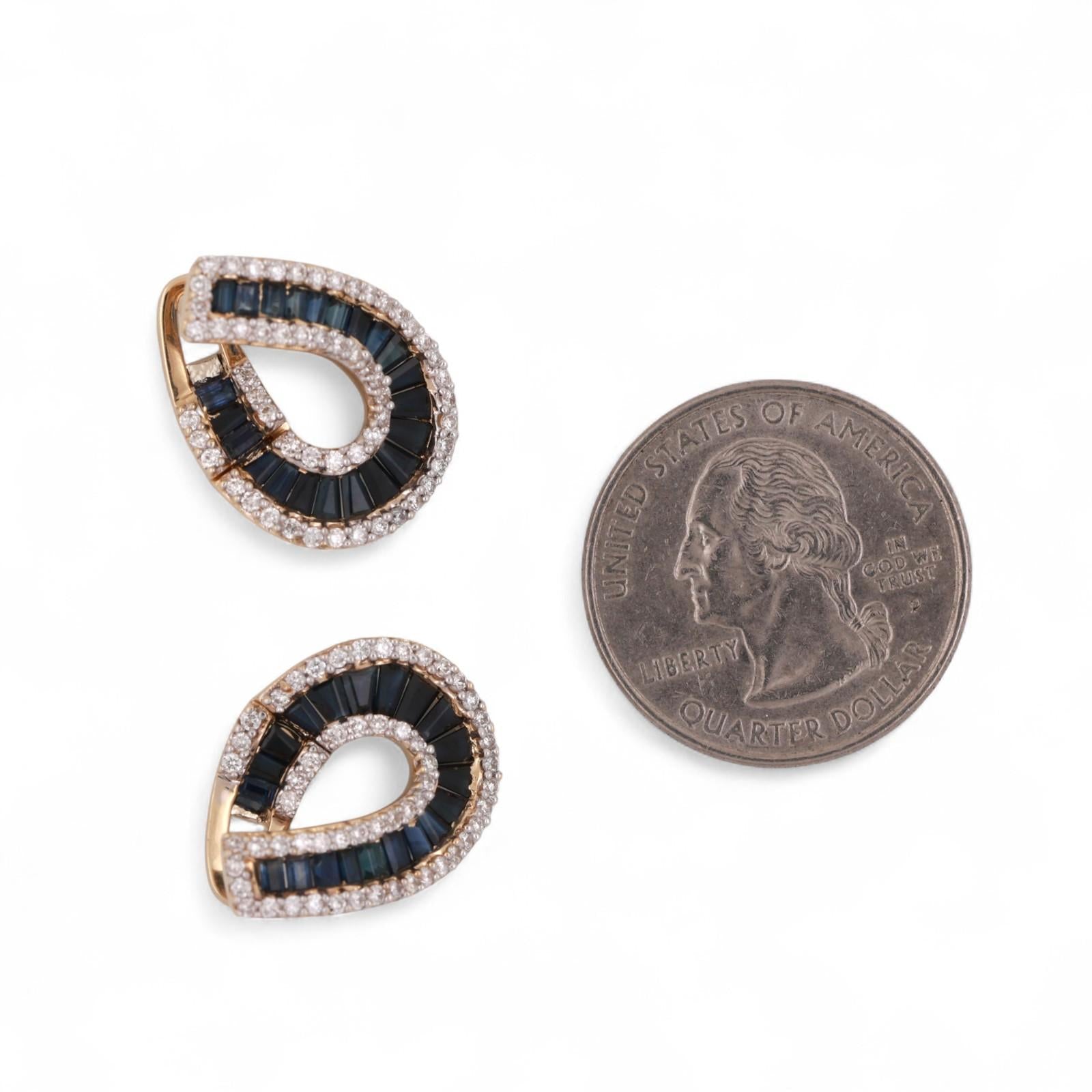 Blue Sapphire Diamond Swirl Drop Earrings  14K Yellow Gold 2.82 CTW 0.70" Ladies