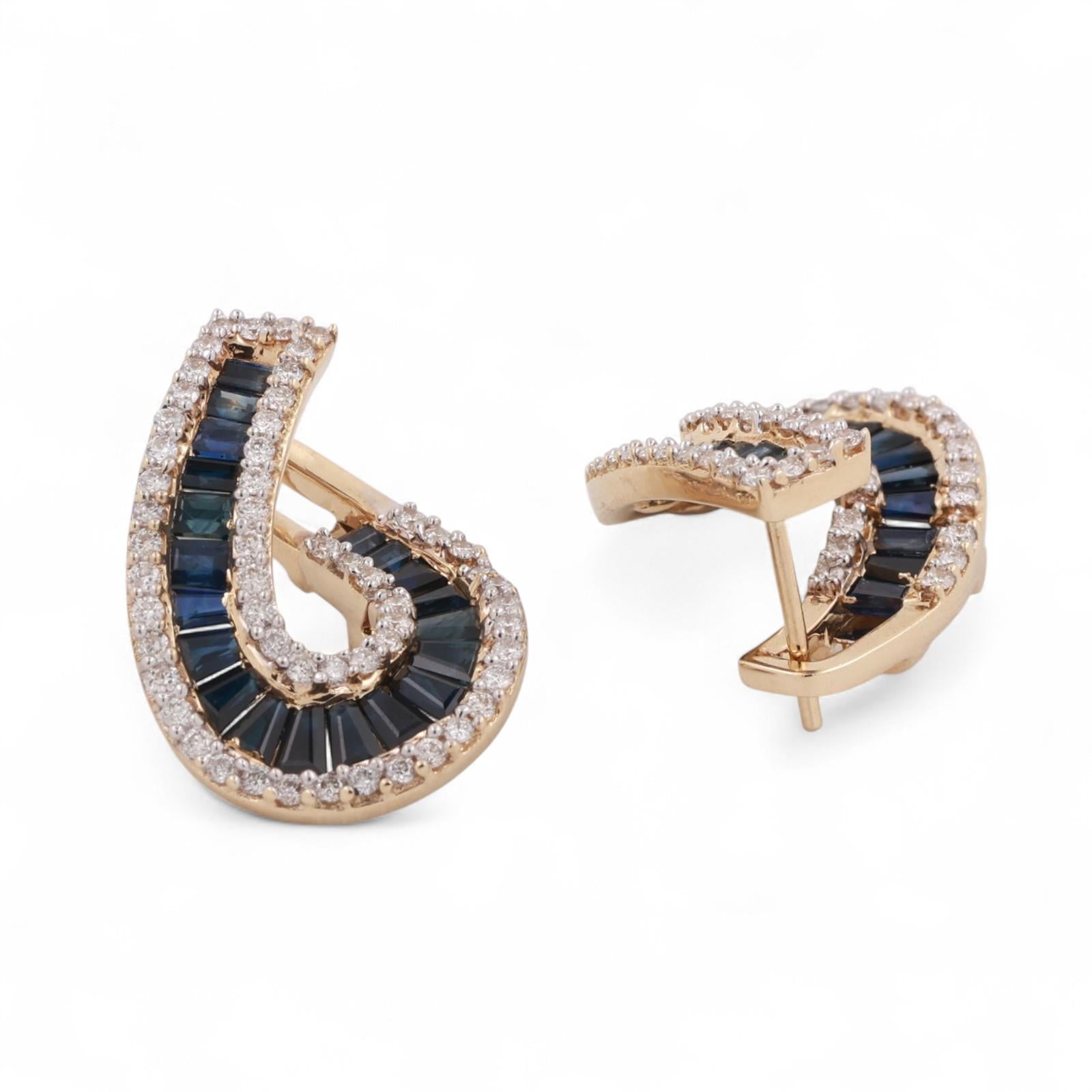 Blue Sapphire Diamond Swirl Drop Earrings  14K Yellow Gold 2.82 CTW 0.70" Ladies