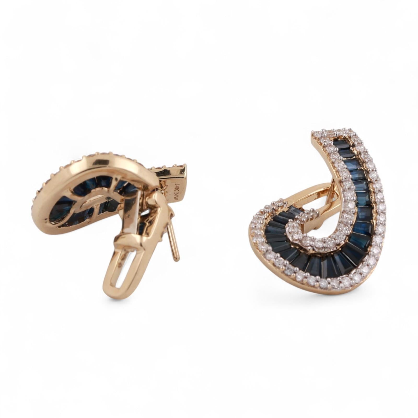 Blue Sapphire Diamond Swirl Drop Earrings  14K Yellow Gold 2.82 CTW 0.70" Ladies