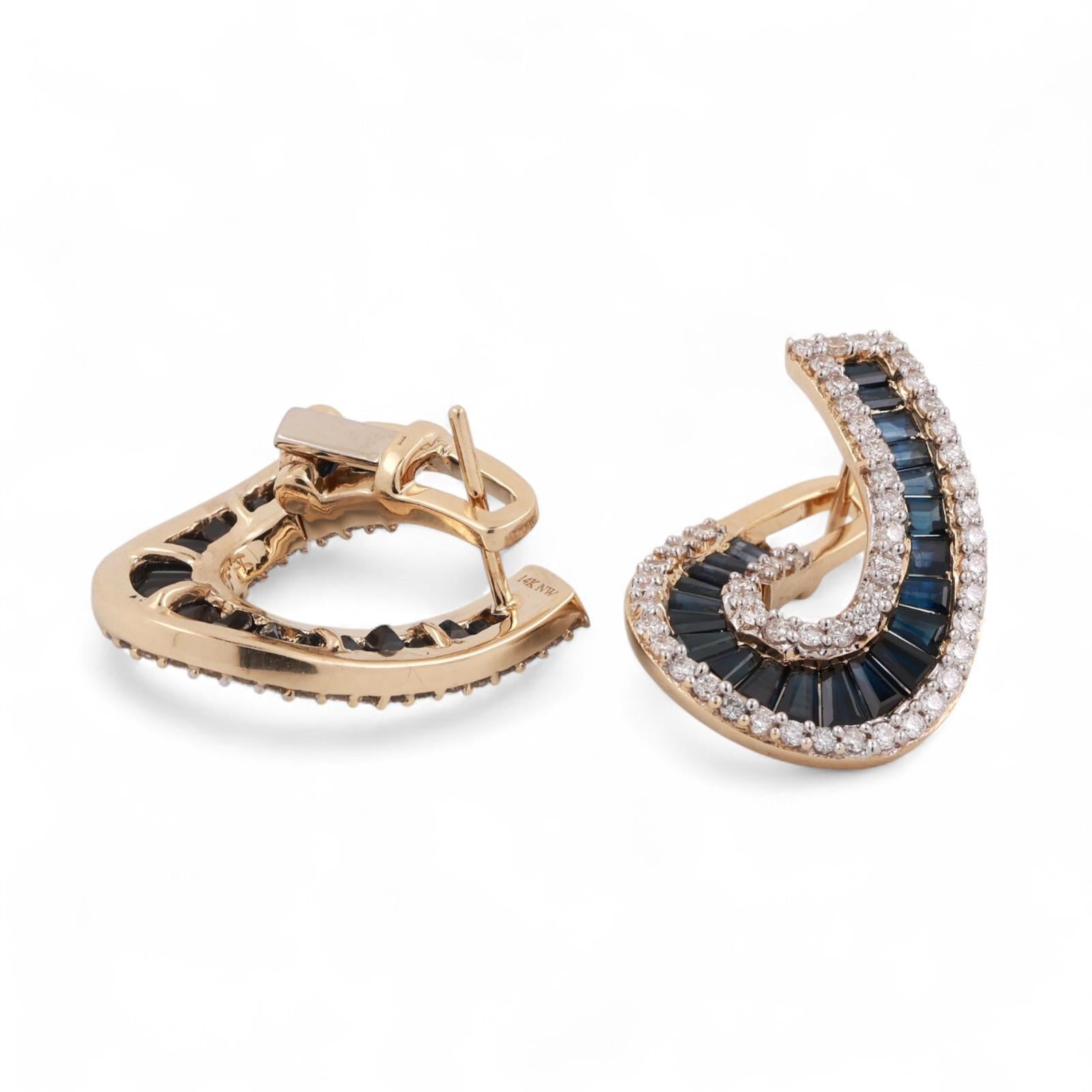 Blue Sapphire Diamond Swirl Drop Earrings  14K Yellow Gold 2.82 CTW 0.70" Ladies