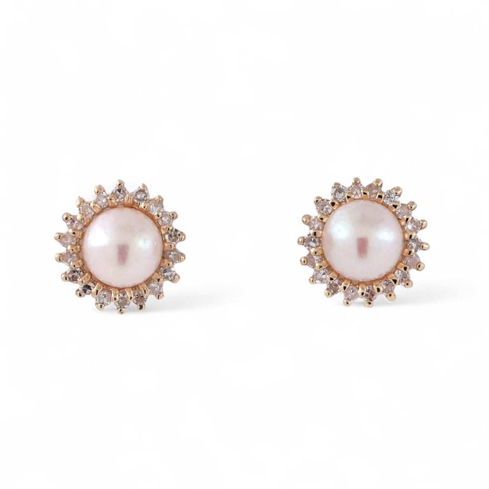 Freshwater Pearl Halo Diamond Floral Stud Earrings 14K Yellow Gold 0.40" Ladies