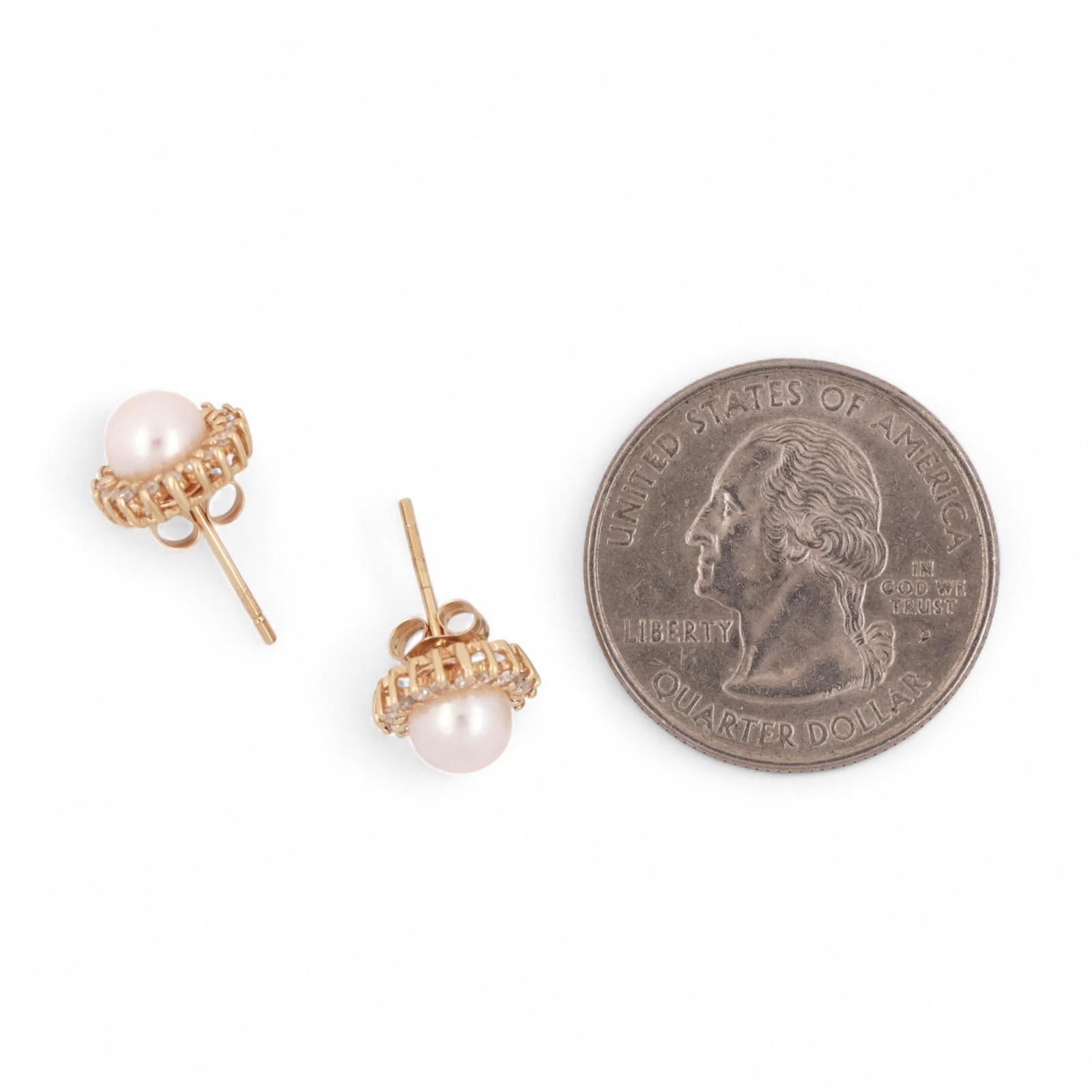 Freshwater Pearl Halo Diamond Floral Stud Earrings 14K Yellow Gold 0.40" Ladies
