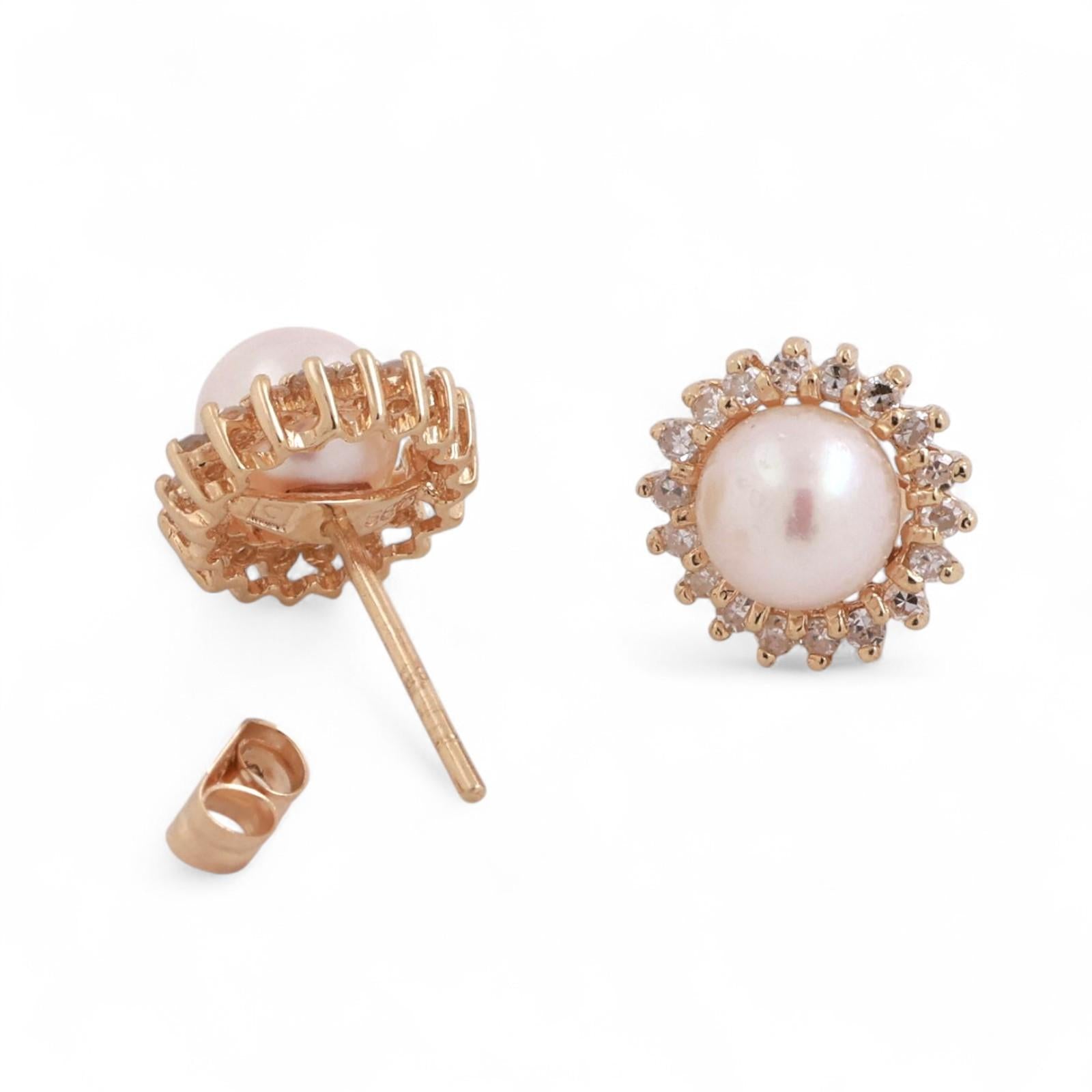 Freshwater Pearl Halo Diamond Floral Stud Earrings 14K Yellow Gold 0.40" Ladies