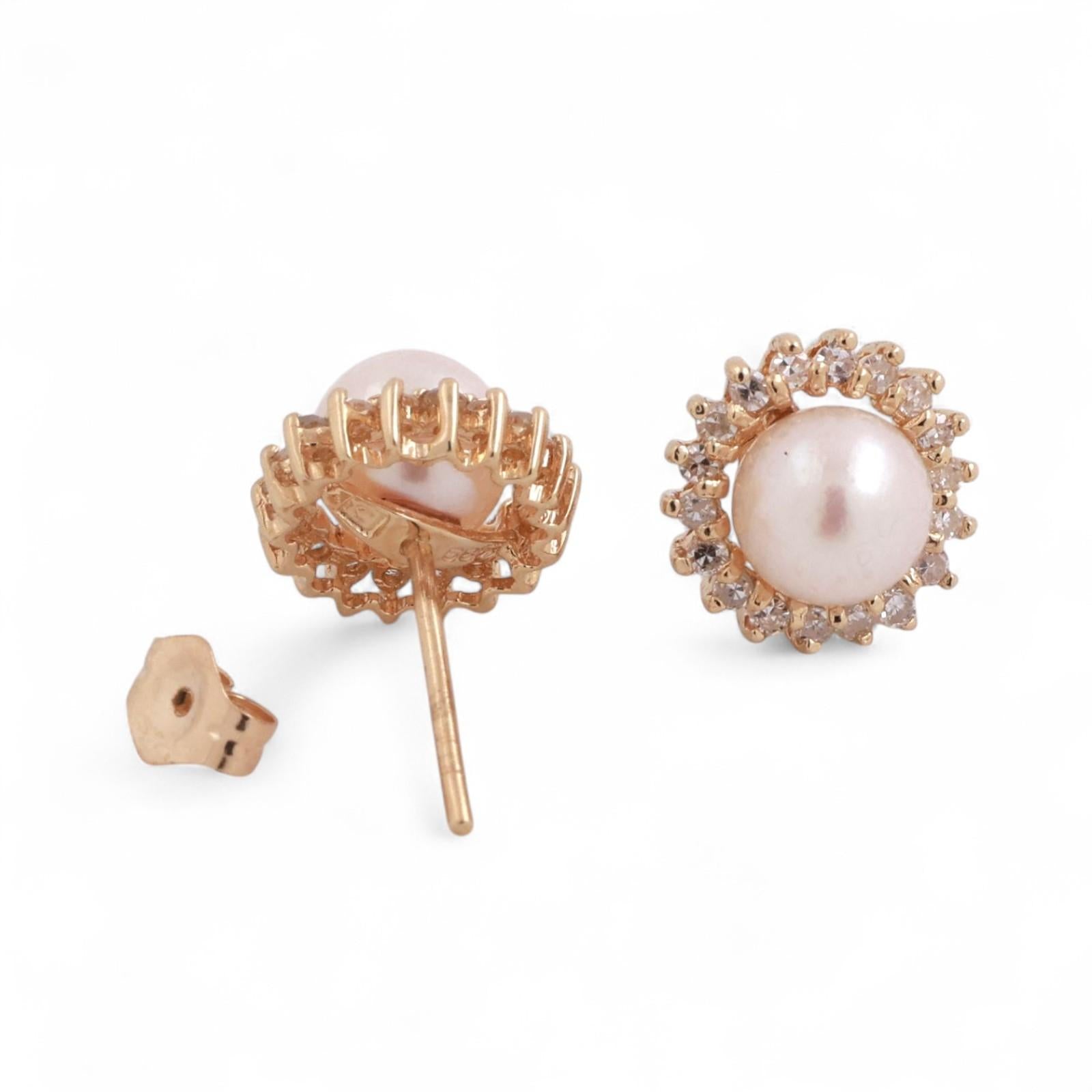 Freshwater Pearl Halo Diamond Floral Stud Earrings 14K Yellow Gold 0.40" Ladies