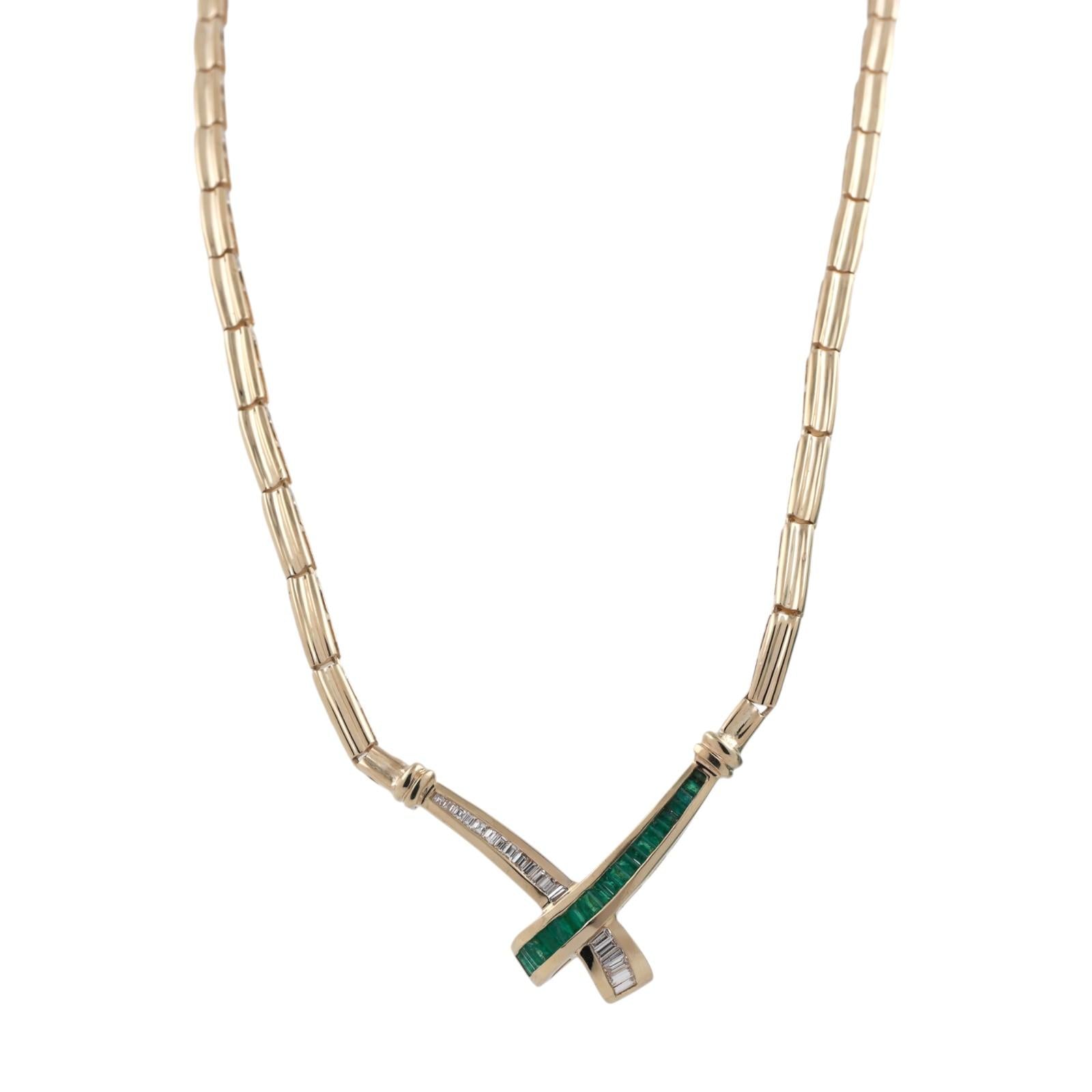 Emerald Diamond Crossover Drop Necklace 14K Yellow Gold 1.31 CTW 17" Ladies