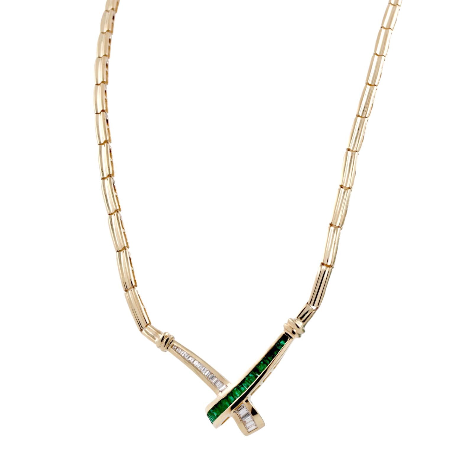 Emerald Diamond Crossover Drop Necklace 14K Yellow Gold 1.31 CTW 17" Ladies