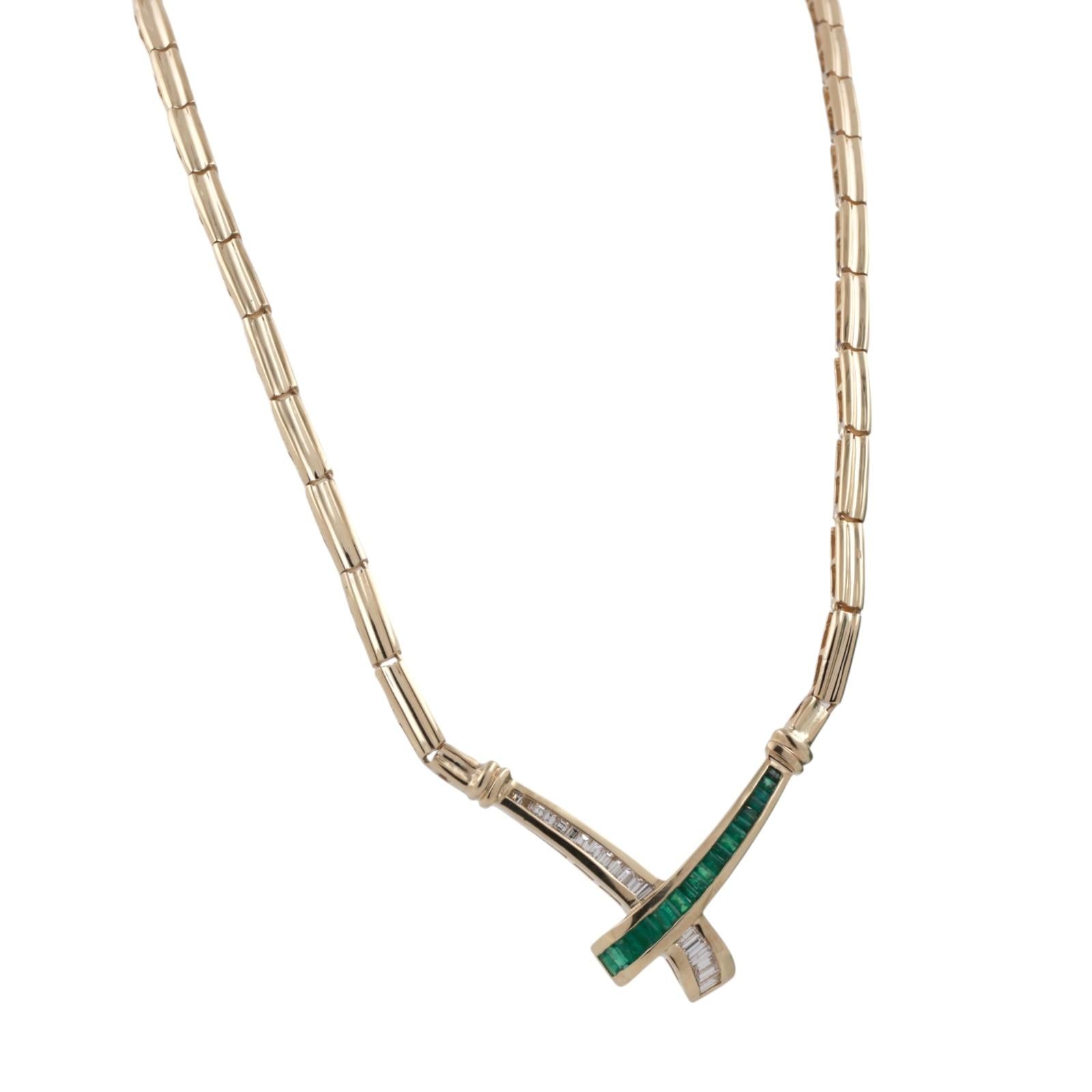 Emerald Diamond Crossover Drop Necklace 14K Yellow Gold 1.31 CTW 17" Ladies