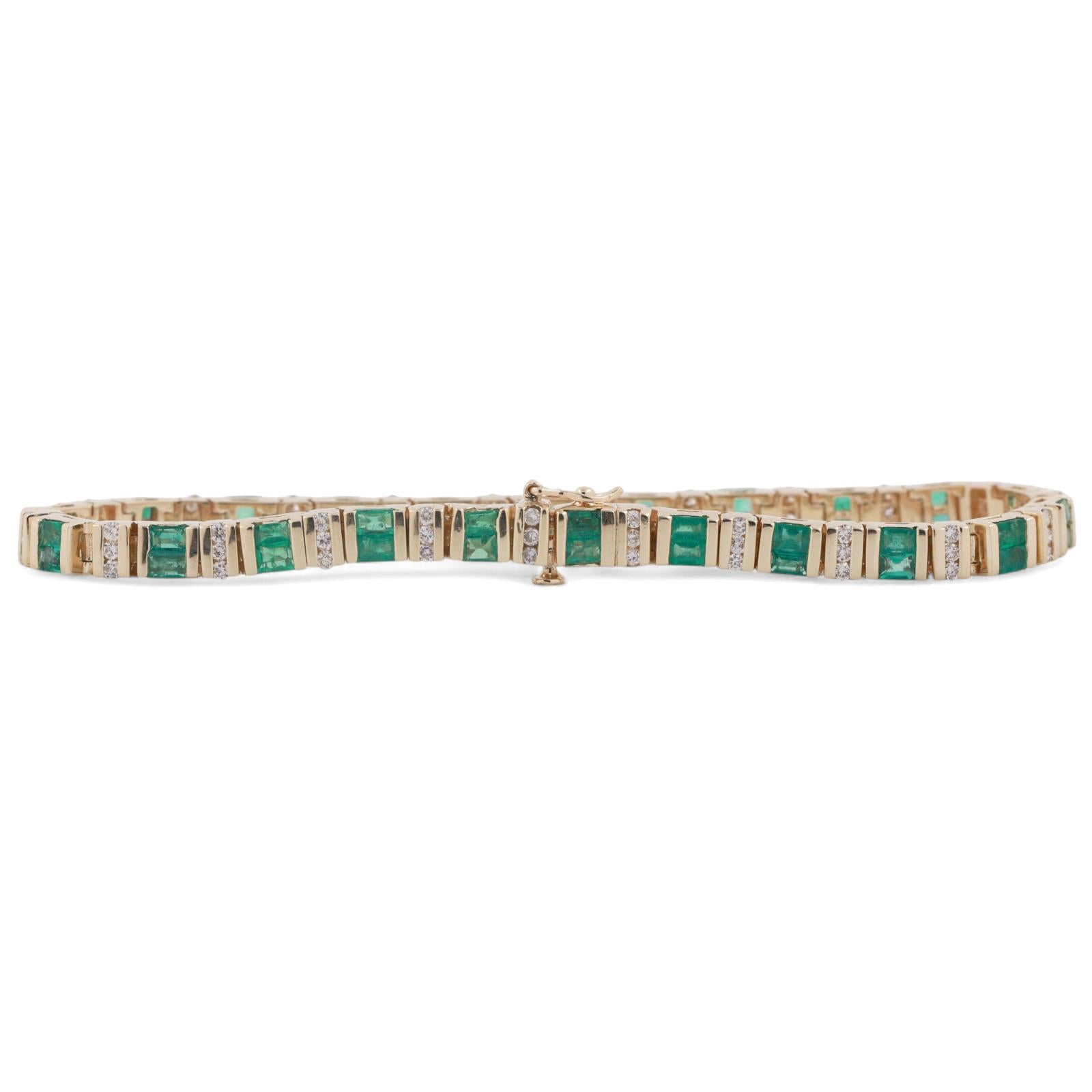 Estate Emerald Diamond Station Bracelet 14K Yellow Gold 5.65 CTW 7.25" Ladies