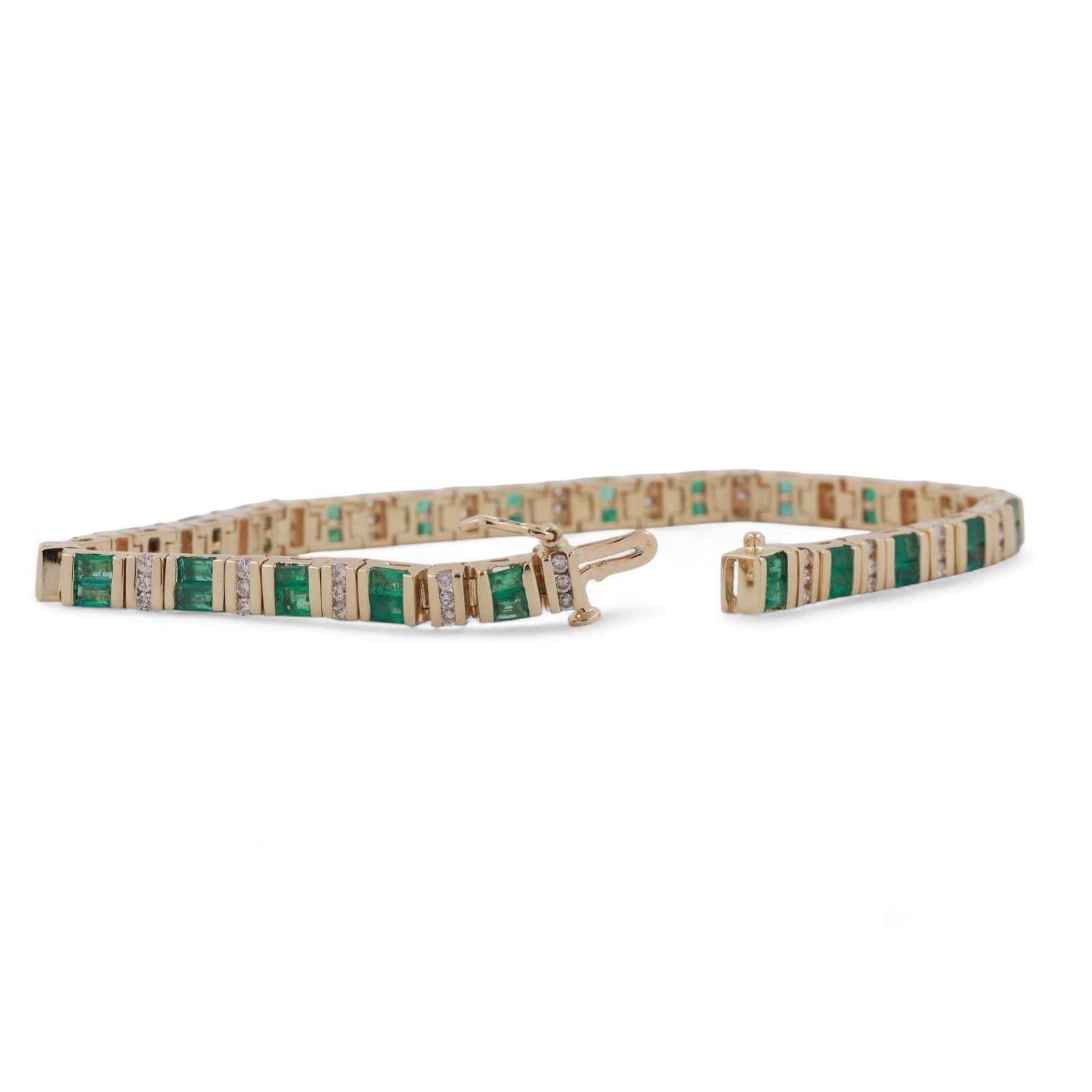 Estate Emerald Diamond Station Bracelet 14K Yellow Gold 5.65 CTW 7.25" Ladies