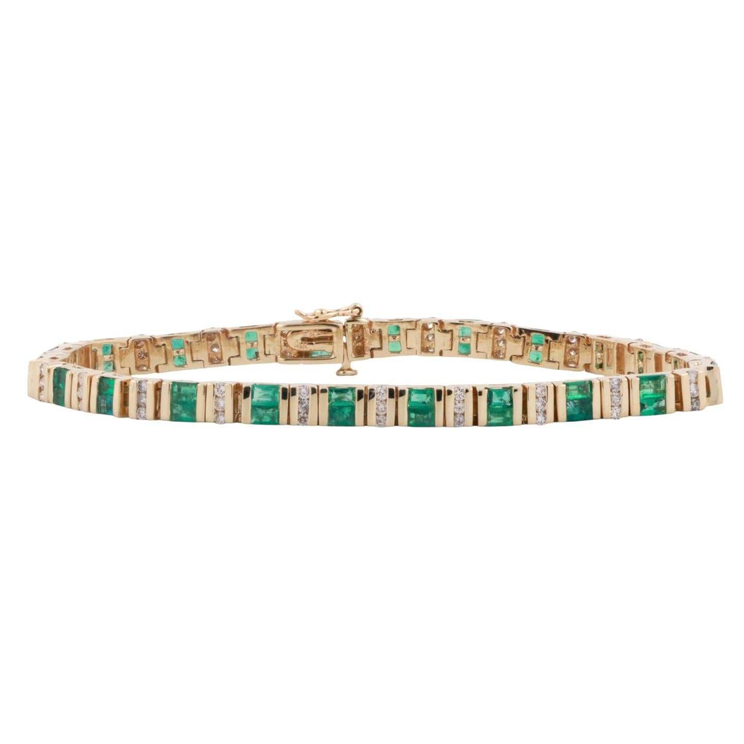Estate Emerald Diamond Station Bracelet 14K Yellow Gold 5.65 CTW 7.25" Ladies