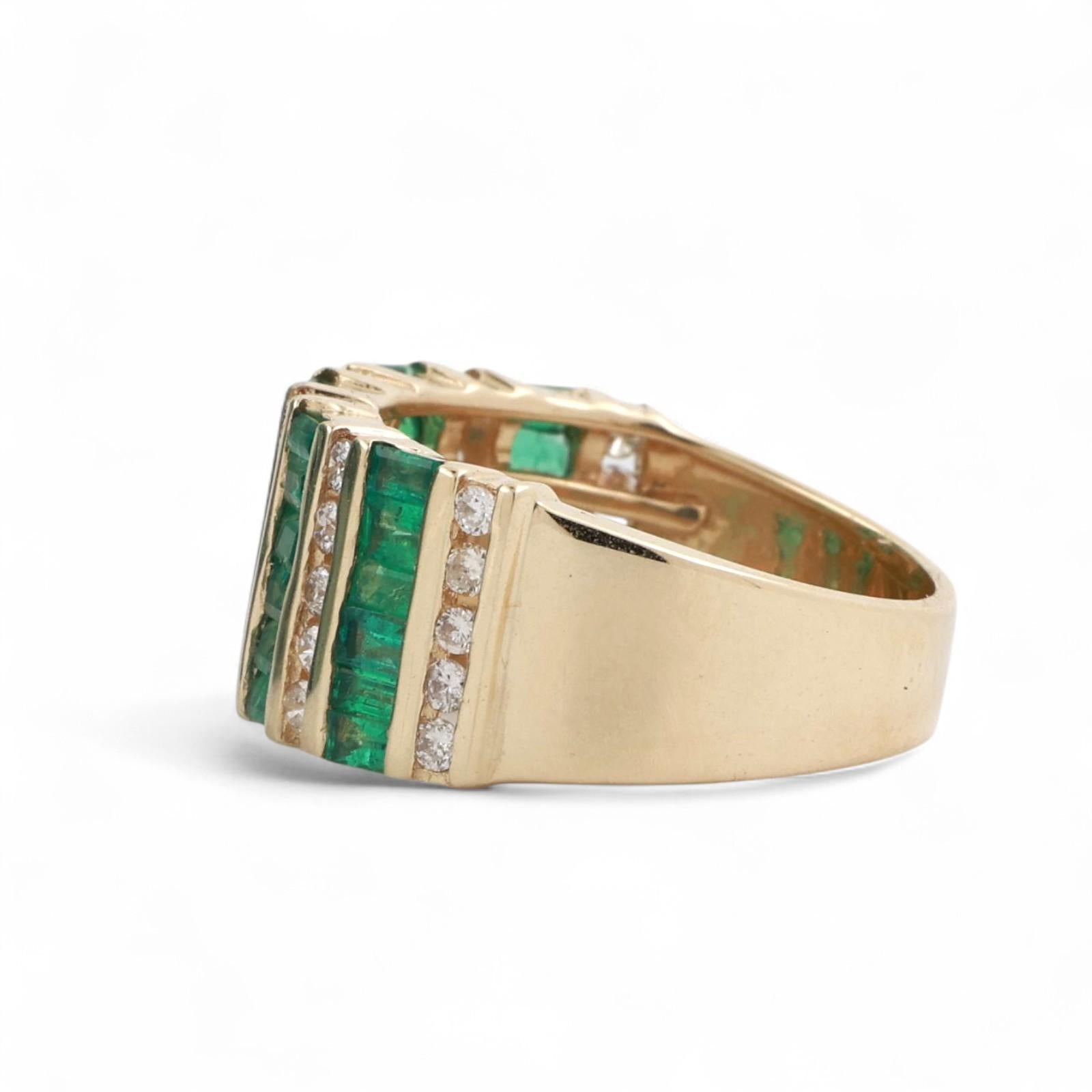 Emerald Diamond Bar Wide Band Ring 14K Yellow Gold 1.40 CTW Channel Set Size 7.5