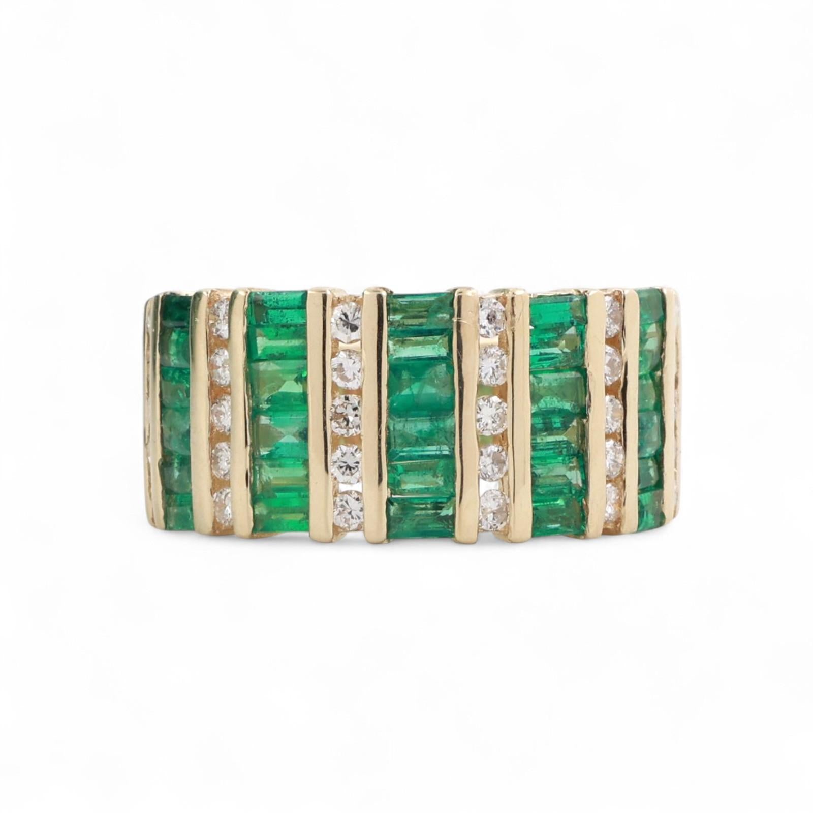 Emerald Diamond Bar Wide Band Ring 14K Yellow Gold 1.40 CTW Channel Set Size 7.5