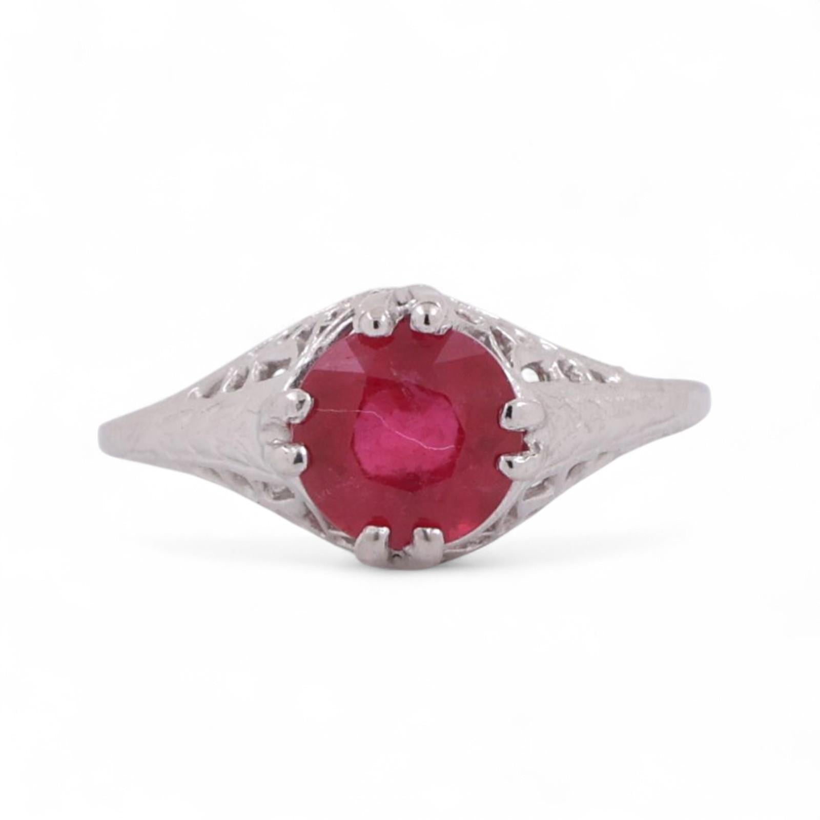 1.80 CT Solitaire Round Ruby Filigree Ring Platinum Size 6.5 Ladies Estate