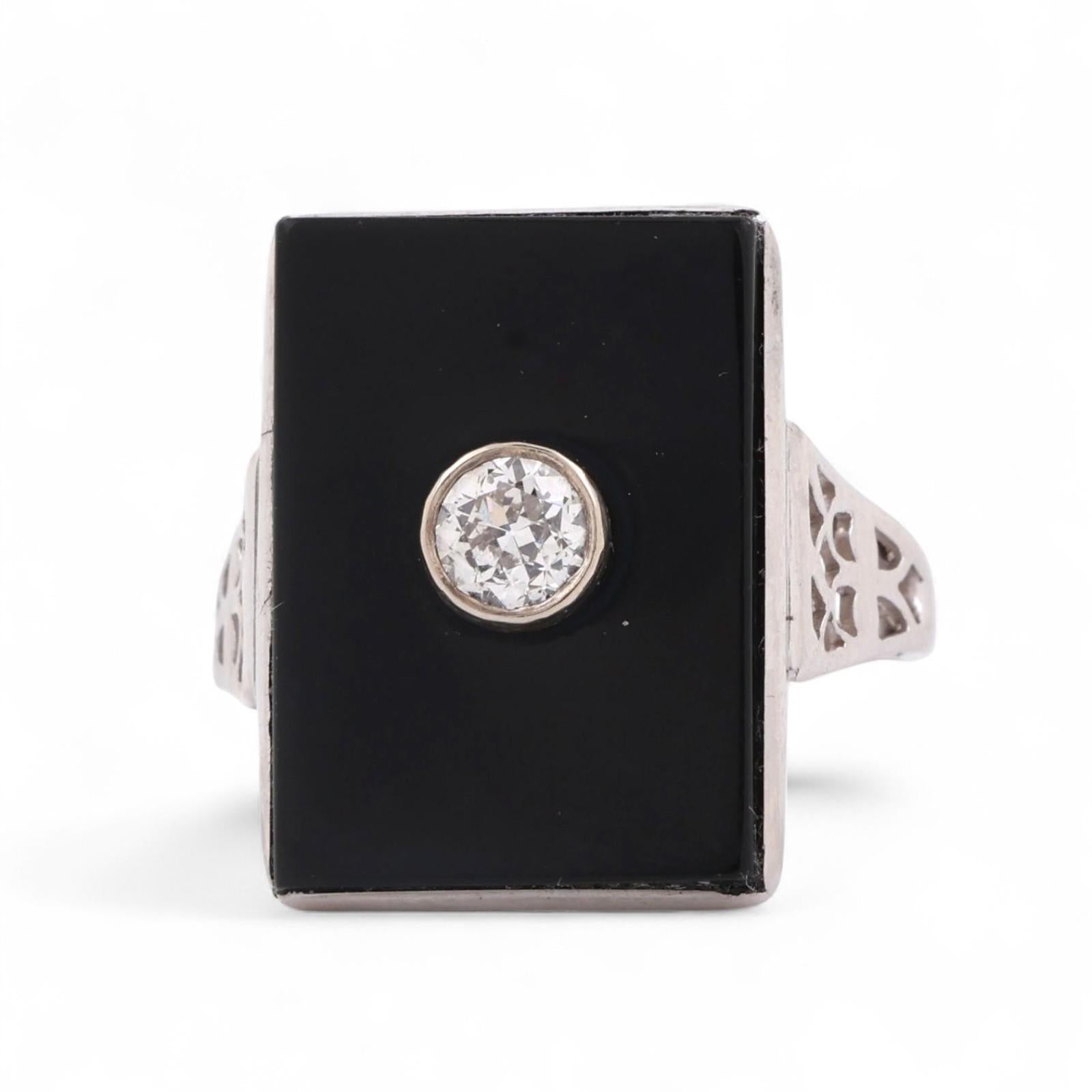 0.20 TW Solitaire Diamond Black Onyx Statement Ring White Gold Filigree Size 7